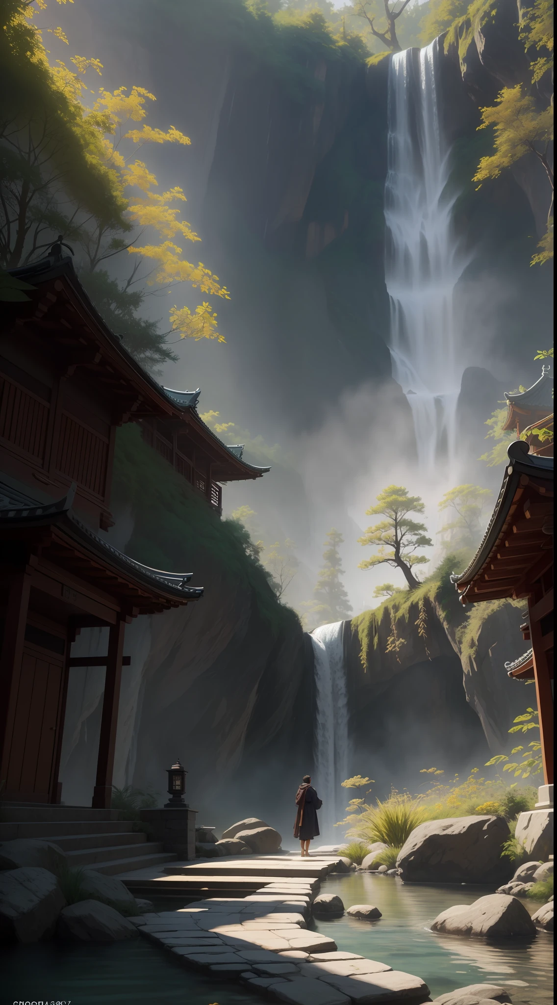 Monk in Taoist robes meditating in temple, temple in forest, waterfall in the mountains, original photo, surreal photo, unreal engine 4,8k, ultra-sharp, fine color, wide color coverage, extreme scene detail, chiaroscuro, antialiasing, error detail smoothing, raw photo, surreal image, unreal engine 4, 8k, ultra-sharp, detailed color, wide color coverage, extremely high scene detail, shadows, anti-aliasing, error detail smoothing, raw photo, surreal photo, unreal engine 4.8k, super sharp, fine colors, wide color coverage, objects with high scene detail, (8k, RAW photo, best quality, masterpiece: 1.2), (realistic, photorealism: 1.37), model shooting style, (very detailed CG unified 8k wallpaper), Ed Blinkey, Atey Ghailan, Studio Ghibli, Jeremy Mann, Greg Manchess, Antonio Moro Professional magnificent oil paintings, trends on ArtStation, trends on CGSociety, intricacies, high detail, clear focus, dramatic, realistic paintings midjourney and art by greg rutkowski, scene details extreme objects, shadows, anti-aliasing, error detail smoothing