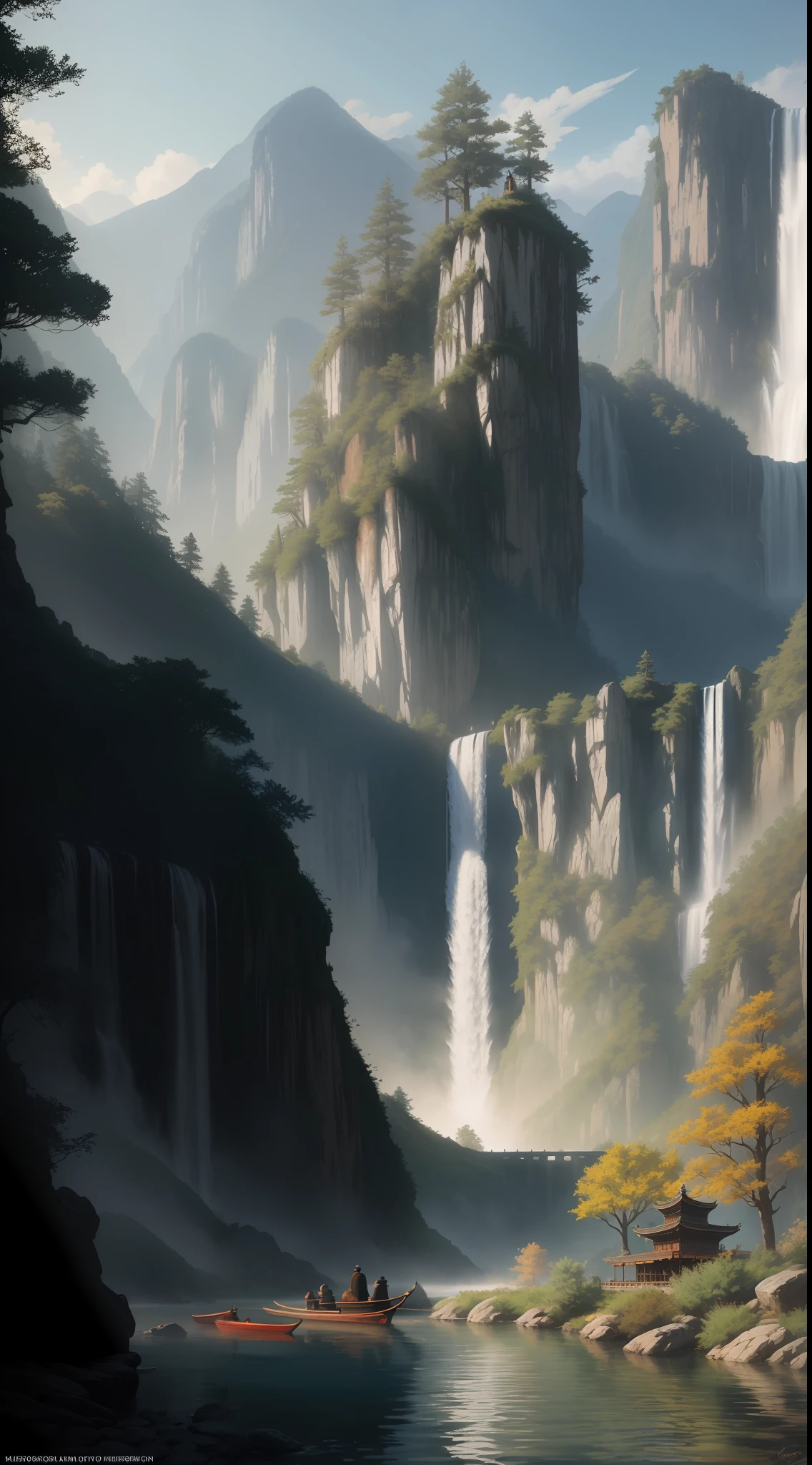 Monk in Taoist robes meditating in temple, temple in forest, waterfall in the mountains, original photo, surreal photo, unreal engine 4,8k, ultra-sharp, fine color, wide color coverage, extreme scene detail, chiaroscuro, antialiasing, error detail smoothing, raw photo, surreal image, unreal engine 4, 8k, ultra-sharp, detailed color, wide color coverage, extremely high scene detail, shadows, anti-aliasing, error detail smoothing, raw photo, surreal photo, unreal engine 4.8k, super sharp, fine colors, wide color coverage, objects with high scene detail, (8k, RAW photo, best quality, masterpiece: 1.2), (realistic, photorealism: 1.37), model shooting style, (very detailed CG unified 8k wallpaper), Ed Blinkey, Atey Ghailan, Studio Ghibli, Jeremy Mann, Greg Manchess, Antonio Moro Professional magnificent oil paintings, trends on ArtStation, trends on CGSociety, intricacies, high detail, clear focus, dramatic, realistic paintings midjourney and art by greg rutkowski, scene details extreme objects, shadows, anti-aliasing, error detail smoothing
