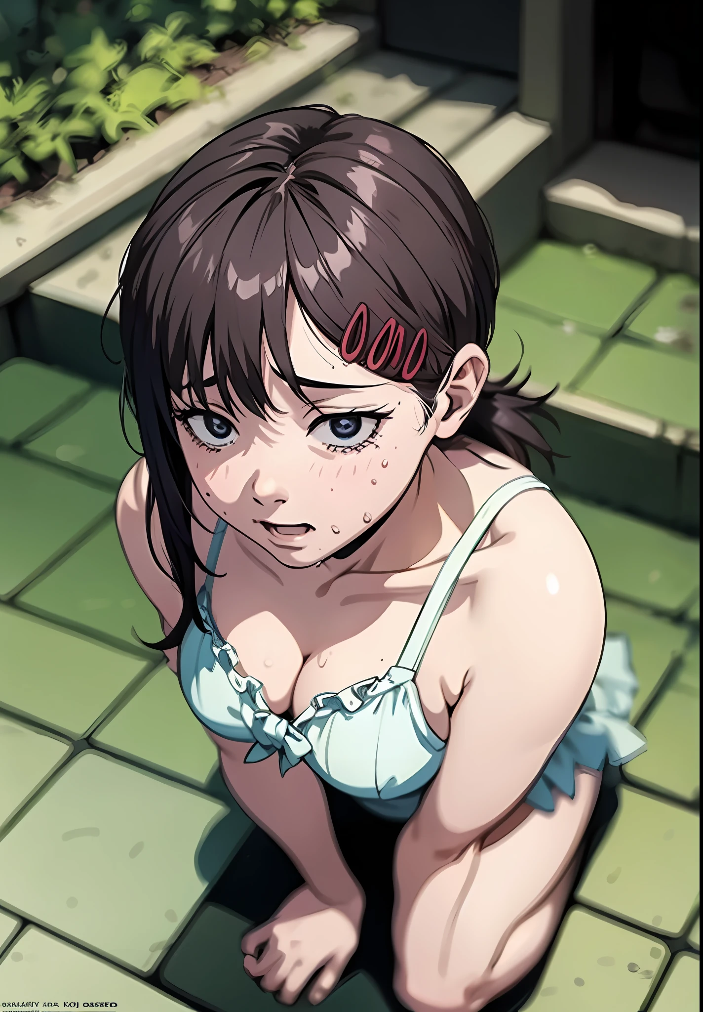 1 girl, photo assignment, model, magazine cover, beautiful model, cute, small, perfect hands, loli, chubby, chubby, chubby body, in underwear, kneeling pose, hands-free, masterpiece, full body, armpits, provocative look, ahegao, gravure model, beautiful photography, hd, perspective from above, pubic hair in sight, kobeni higashiyama,sweat drops