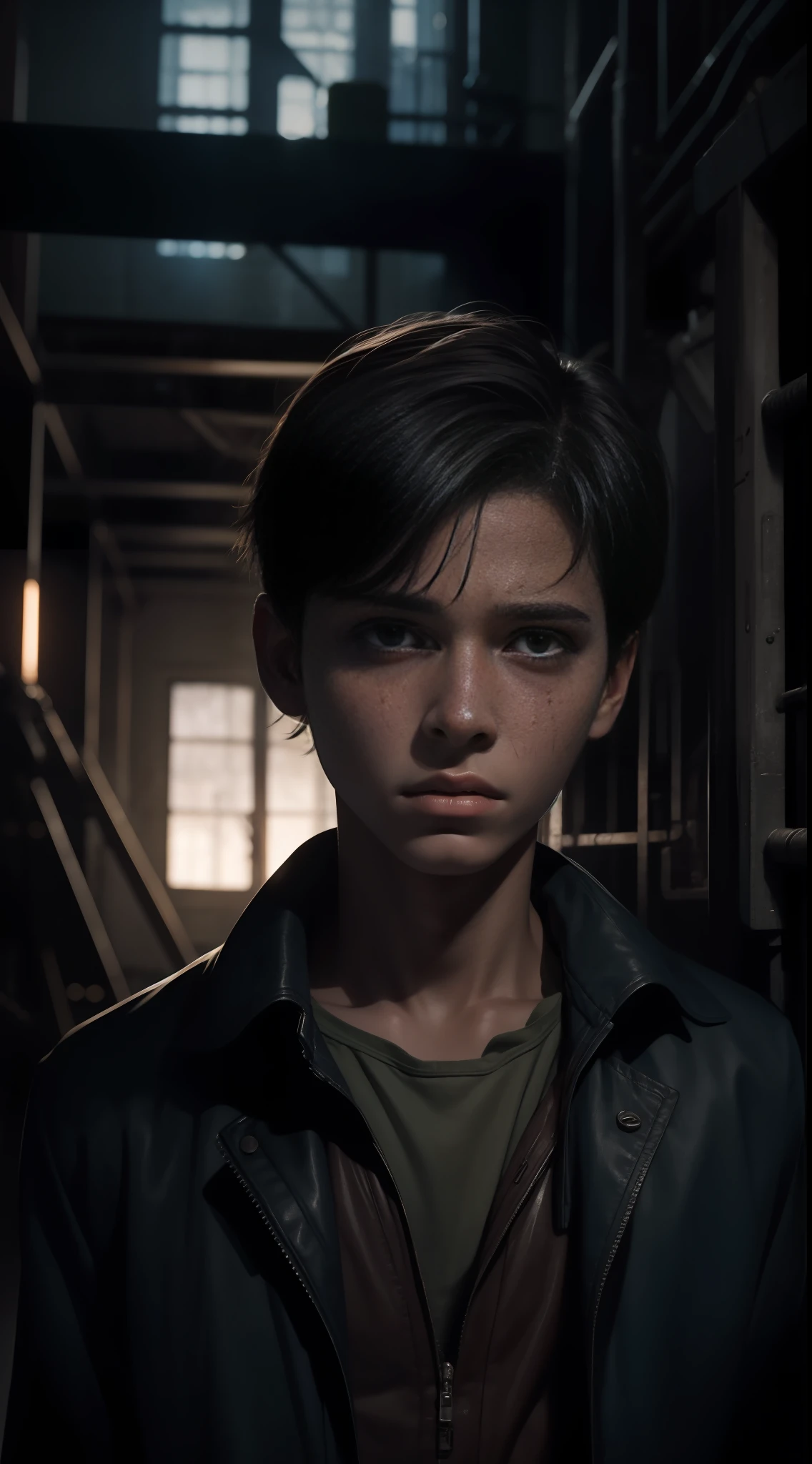 Best quality, masterpiece, fine face, a 14-year-old boy in a scary factory, scared expression, tears, upper body front, scars, masterpiece, 4k, surrealism