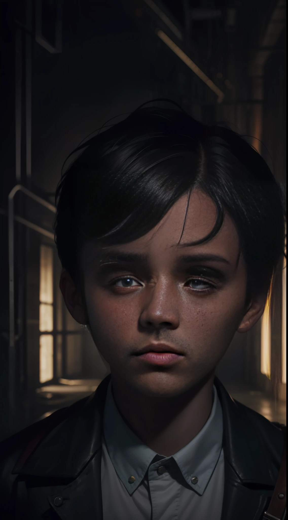 Best quality, masterpiece, fine facial expressions, a 14-year-old boy in a scary factory, scared, tears, upper body close-up, scars, masterpiece, 4k, surrealism