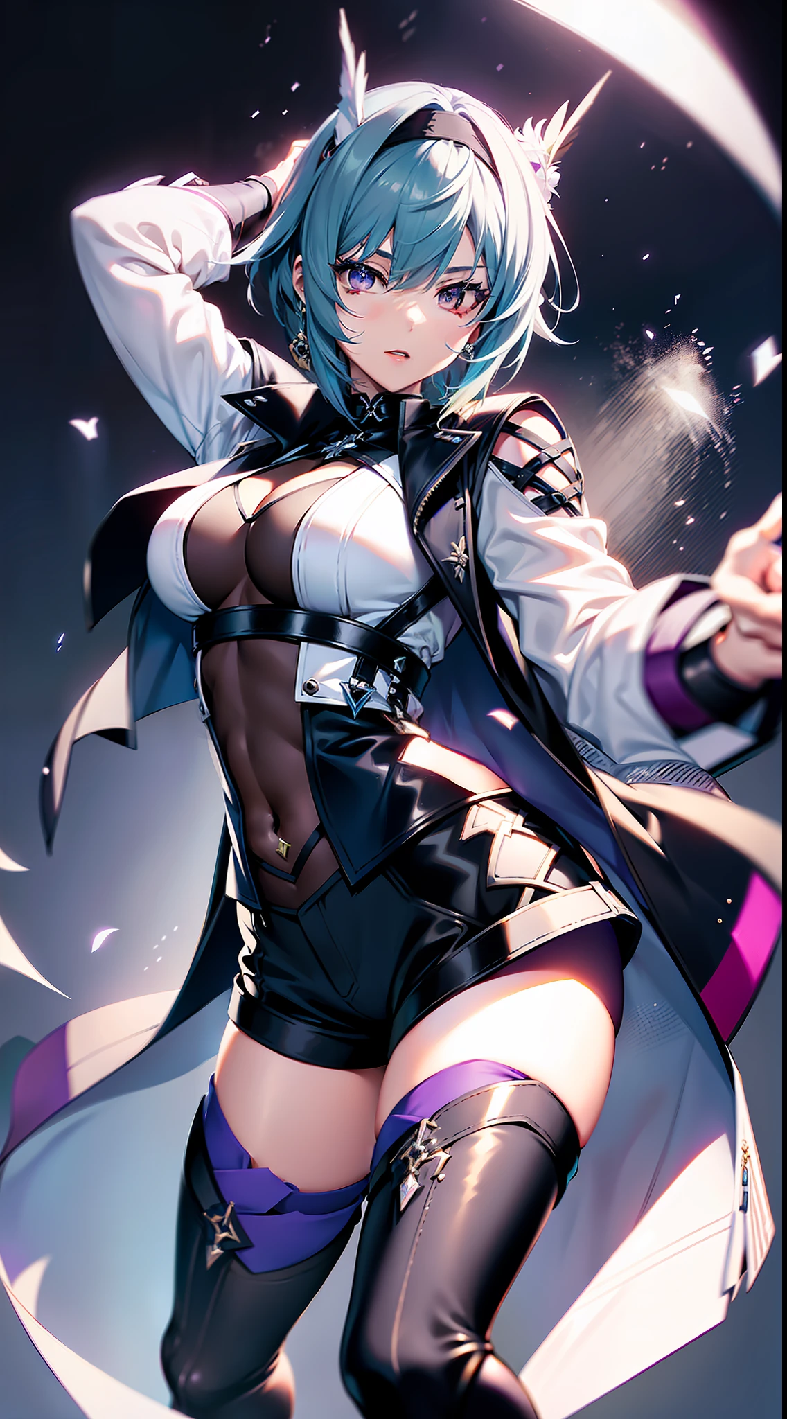 Singing and dancing singer, ((Genshin), (Yelan)), blue hair, purple eyes, confident expression, {clothing description: (white cropped leather jacket), (white vest), (black shorts), (black stockings), black high heels}, (solid gray background), ((full-body shot))