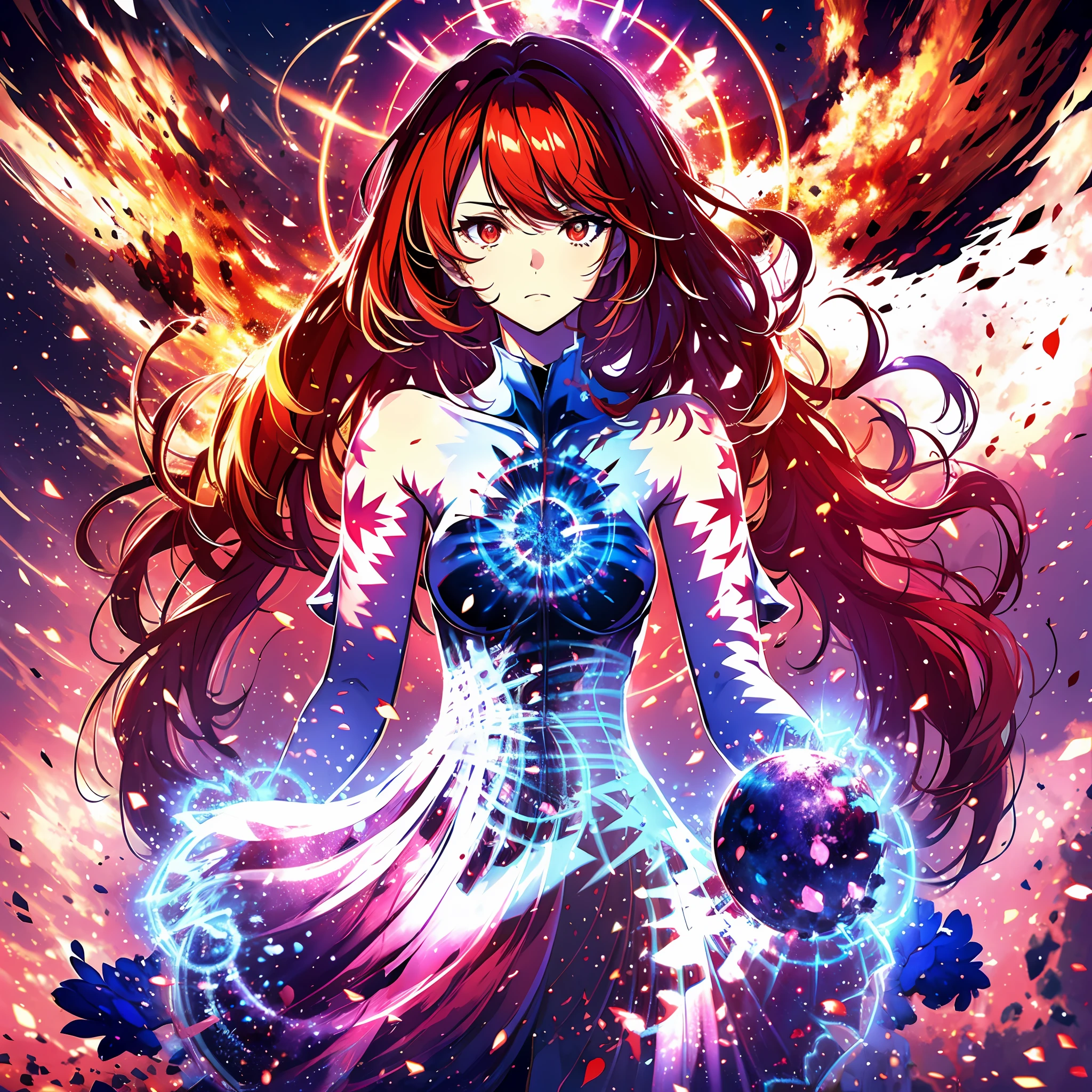 masterpiece, best quality, ultra-detailed, 8k, 1girl, HDR, vivid colors, standing on two legs, expressionless, detailed blue sky, wasteland, layers of clouds, (Flying red petals:1.13), disheveled hair, very long hair, white dress, barefoot, glowing eyes, depth of field, red hair, red eyes, symbol-shaped pupils, magic circle, casting spells, red power, mage