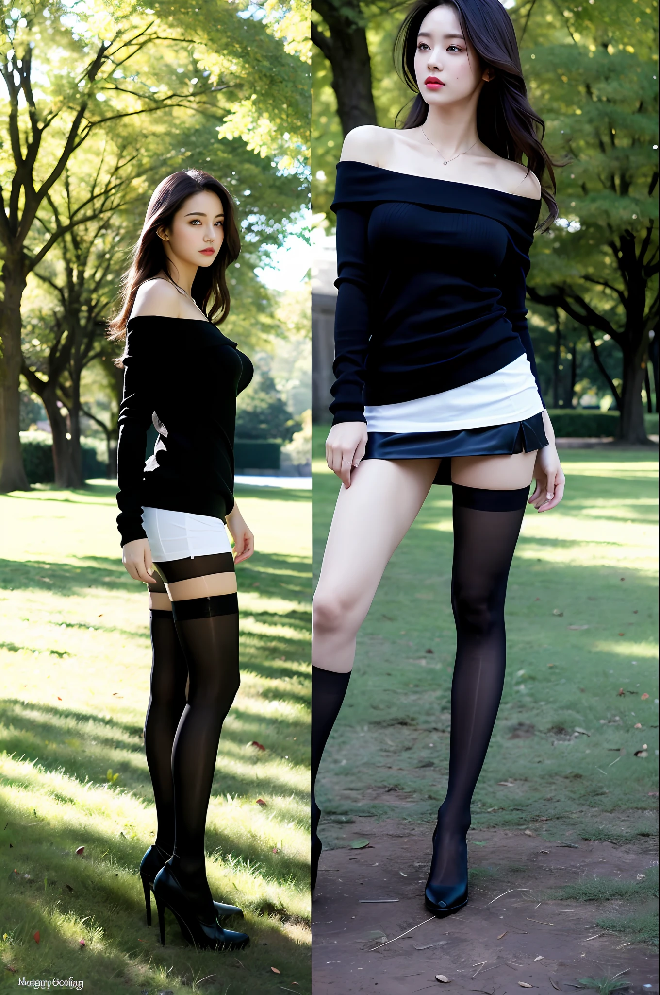 Best Quality, Masterpiece, Ultra High Resolution, (Realism: 1.4), Original Photo, 1girl, Stand Straight, Full Body, Offshoulder, In the Dark, Deep Shadows, Low Key, Cold Light, In the Park, Black Stockings, High Heels, Pro Wear, Dynamic Pose