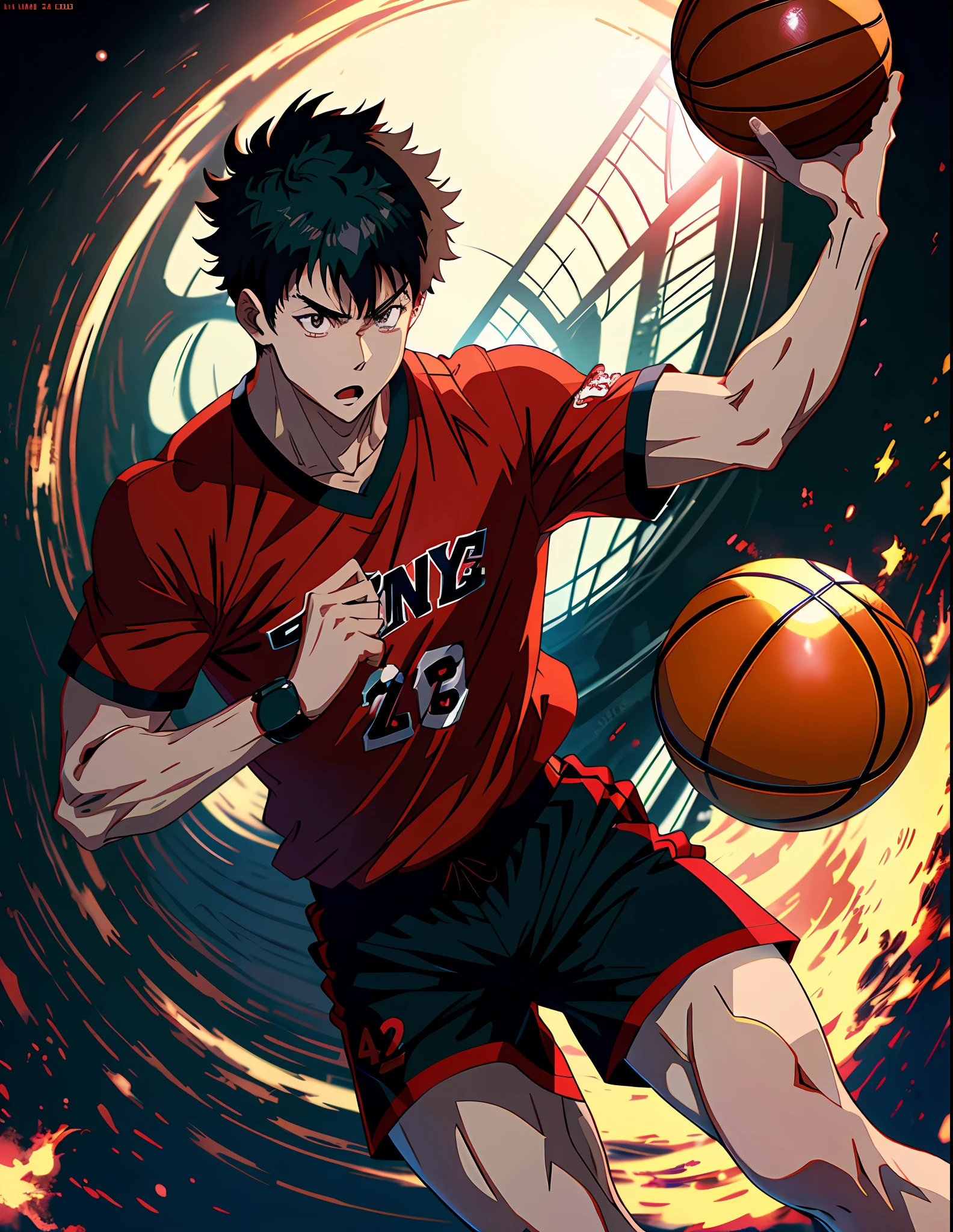 anime character in a red shirt and black shorts holding a basketball ball, badass anime 8 k, scence of slam dunk, anime style 4 k, kentaro miura art style, 4 k manga wallpaper, high quality anime artstyle, 4k anime wallpaper, official anime still, makoto kano, handsome anime pose, epic 8 k hd anime shot, slam dunk