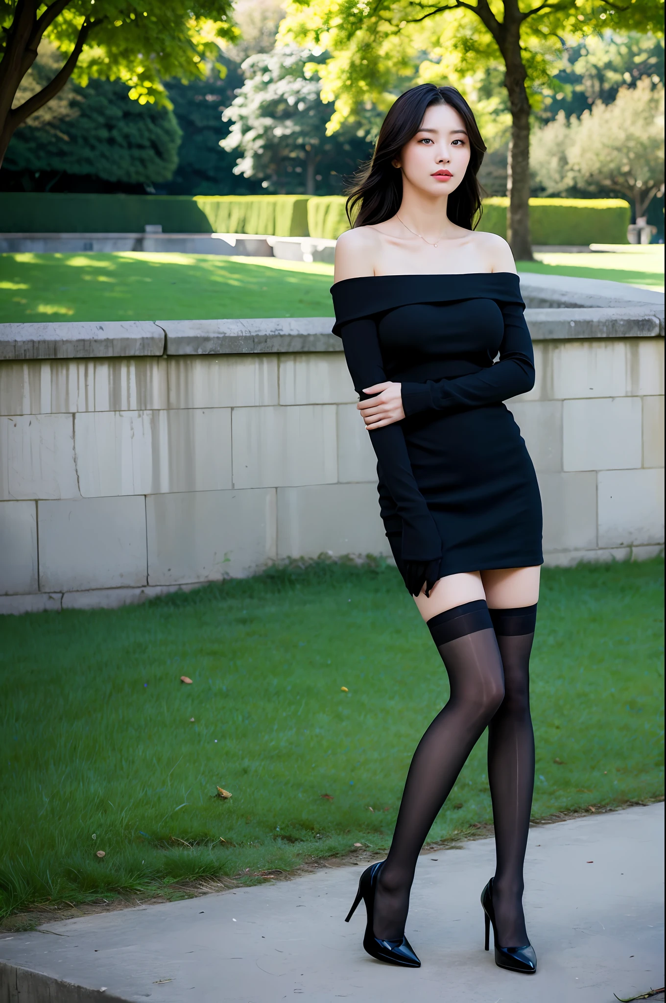Best Quality, Masterpiece, Ultra High Resolution, (Realism: 1.4), Original Photo, 1Girl, Big Breasts, Stand Straight, Full Body, Offshoulder, In the Dark, Deep Shadow, Low Profile, Cold Light, In the Park, Black Stockings, High Heels, Professionalwear, Dynamic Pose