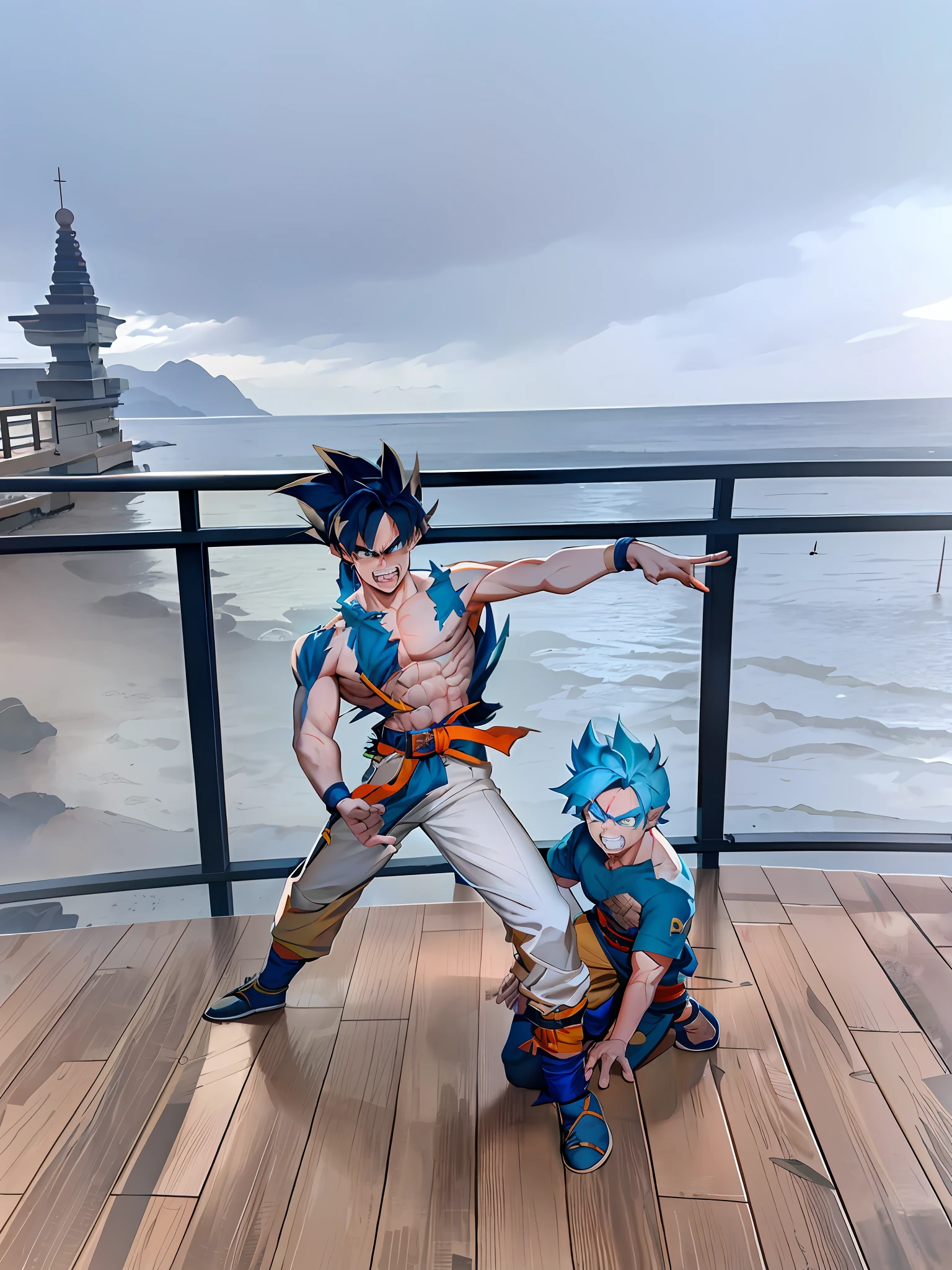son goku, 2boy, anger, battle damage, blonde hair, blue belt, clenched teeth, anger, green eyes, male focus, muscular, muscular male, pectoral muscles, belt, solo, spiked hair, super saiyan, super saiyan 1, teeth, nude male photos, torn clothes, wristband, (((masterpiece)), facing the audience, blue hair, red hair