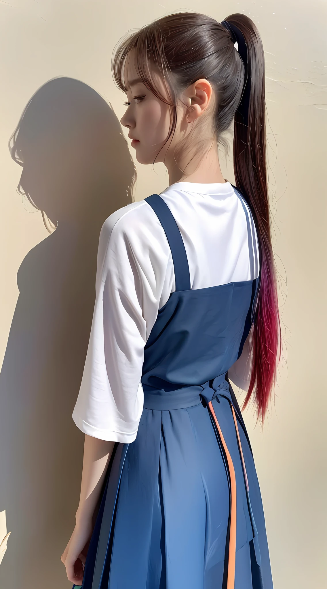 Ultra High Resolution, Best Quality, Photo, 4k, (Realisticity: 1.4), 1girl, High Ponytail, Colorful Hanfu, Lace Print, Back Arms, Gradient Hair, Surrealism, Shadow, Diorama Stereogram, Diorama Atmospheric Perspective, Sony FE GM, 8k, Super Detail, Best Quality,