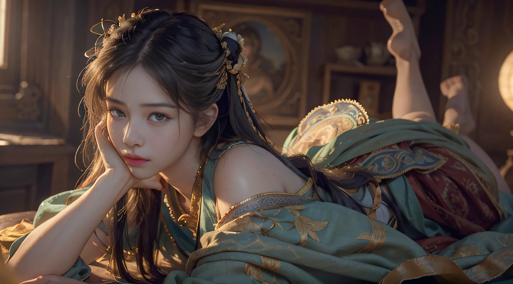 (RAW photo, best quality), (realistic, photo-realistic:1.3),best quality,highly detailed,masterpiece,ultra-detailed,illustration,1girl,upper_body,dynamic angle,world masterpiece theater,messy_long_hair,best quality,extremely detailed CG unity 8k wallpaper,ink,Amazing,cinematic lighting,lens_flare,,dunhuang_style