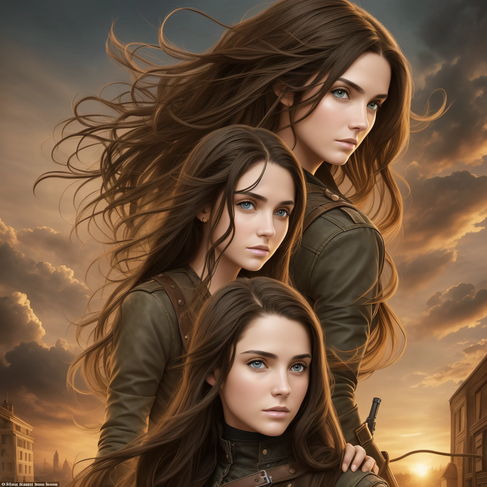 sisters, a brunette with long hair, another brunette with very short hair, fleeing an apocalypse, dystopia --auto --s2