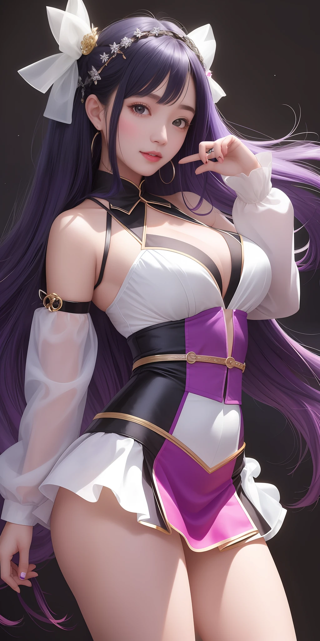 Please depict a stunningly beautiful and lively as a Vtuber avatar in the style of Japanese anime. She is 159 cm tall and weighs 68 kg. She has a western-style face and a complexion that is a translucent white. She embodies perfection, with flawless skin, symmetrical features, and a radiant smile that is both inviting and captivating. Her hair is long, adorned with colorful hair clips and ribbons. Her eyes should be large, sparkling, and full of life. She has a large bust size. Her outfit should be casual, reflecting her vibrant personality. No props or background are needed, just focus on her character and personality. Overall, this avatar should reflect her energetic, enjoyable personality and her perfect beauty.