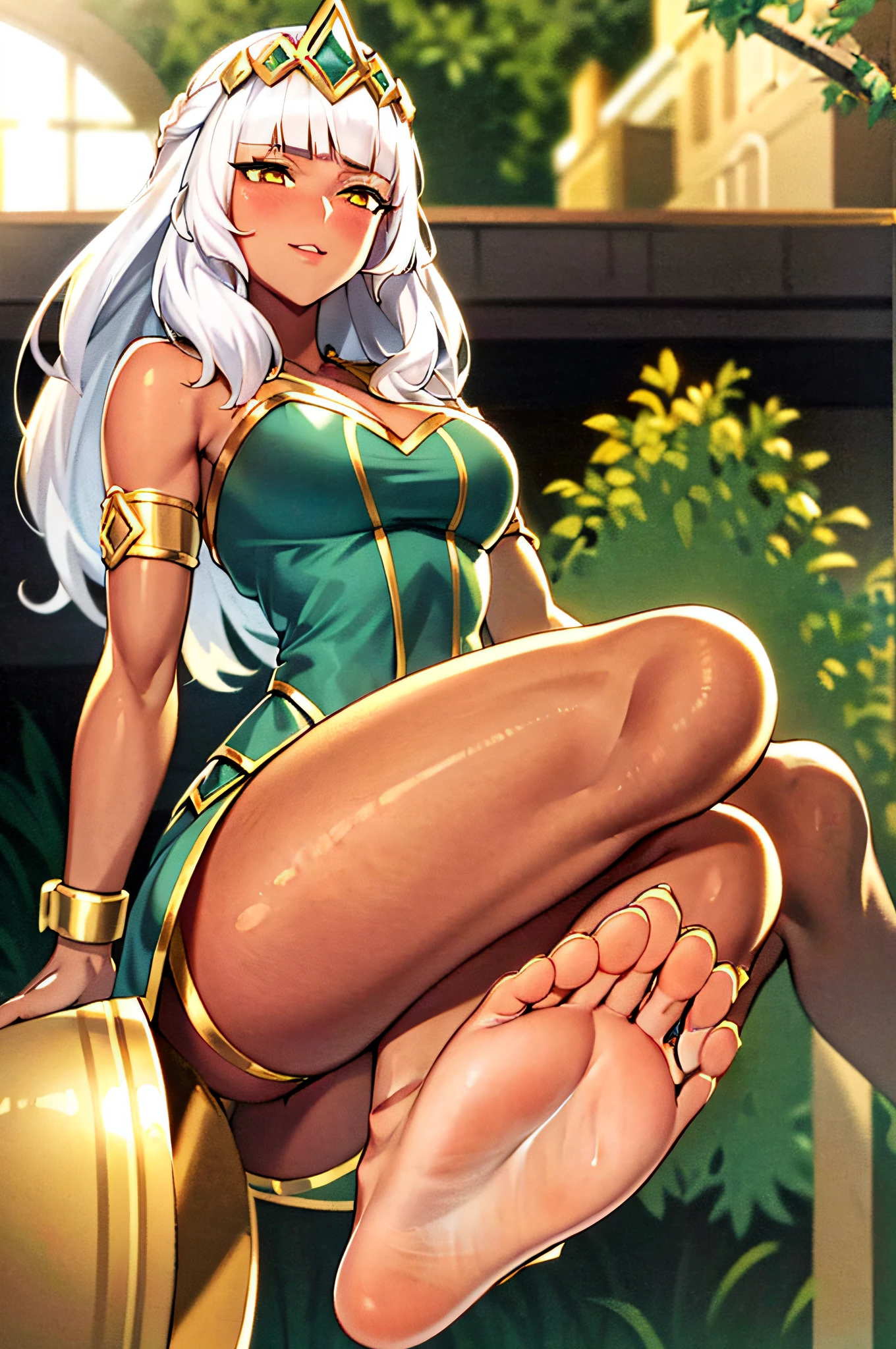 qiyana, white hair and yellow eyes,   in a garden, sharp focus, natural lighting, film grain, with beautiful feet, soles

tan skin, gold tiara, gold arm bracelets, green outfit, shy smile, blushing,