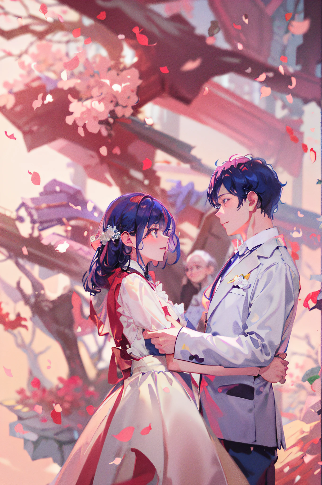Anime couple standing under tree in wedding dress with flower petals falling, anime style 4 K, manga art wallpaper 8 K, anime, anime, Ghibli-like colours, depth of field, cinematic lighting, f/4.0, UHD, super detail, bride and groom standing in formal wear in park, wedding photography, wedding photos, cute couple, professional wedding photography, shooting Canon EOA 6 D Mark II, bride and groom, photo shoot Canon 5d, couple pose, groom