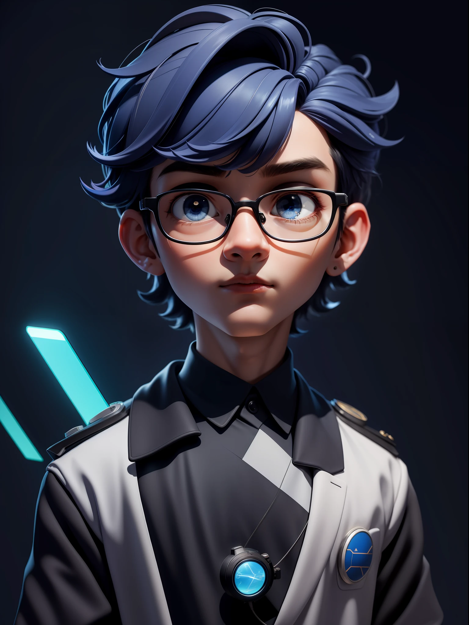 (Masterpiece: 1.5), (Best Quality: 1.5), High Resolution, Highly Detailed, 3DMM, A Boy, Soloist, Speaker, Leader, Wearing Glasses, Serious, Performance of Future Technology, Data, Low Contrast, Vivid Lighting, Atmospheric Depth, Superb Technology, Harmonious Composition, Creative Refinement, Striking Juxtaposition, Evocative Tones, Captivating Colors, Dramatic Lighting