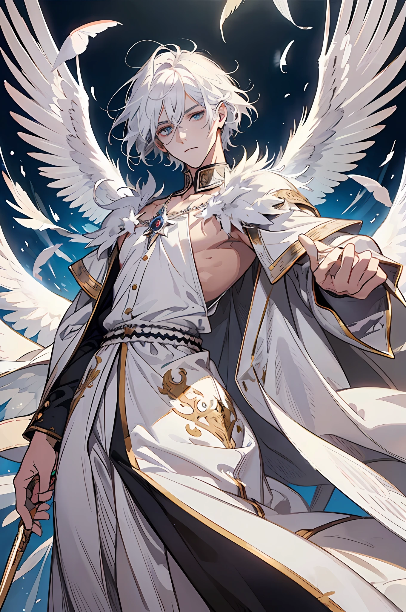 ((Young Men)), Angel, Feathers Flying, (White Roman Robe), Neckline Open, Bare Shoulders, (Collar), White Hair, ((Extremely Clear and Delicate Depiction of Facial Features))), ((Delicate Eye Portrayal)), Dynamic Pose, Dramatic Composition, Extreme Detail, Floating in the Air, Handsome Guy, Three-Dimensional Features, Deep Eyes, Man, Manly, (Hair Very Finely Depicted), Ruby Eyes, Full Body, Standing Painting, Open Neckline, White Dove Resting on Shoulders, Surrounded by Asuka Birds, Short white ear-length hair