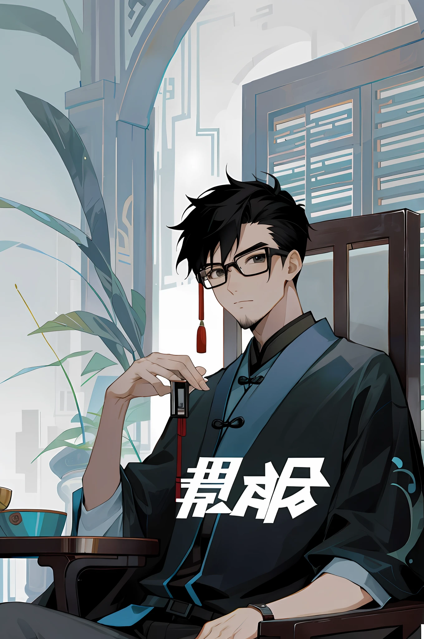 There is a man sitting on a chair with a mobile phone with an avatar, a young Chinese man, a Chinese boy with a beard, glasses, and eyes that are more detailed
