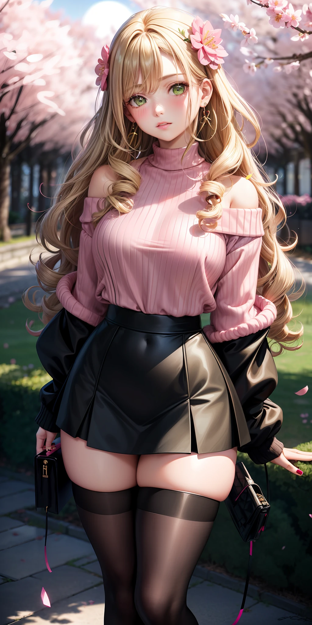 realistic, 1girl, glowing eyes, parted lips, blush, night, sun, sunlight, (thick thighs), (big hips), (blonde curly hair:1.1), (green eyes:1.1), off-shoulder pink sweater, (black skirt), black stockings, (pink nails), (under sakura trees), (facing camera), (best quality), (small chest), (pink flower earrings), shy expression, hand on hip