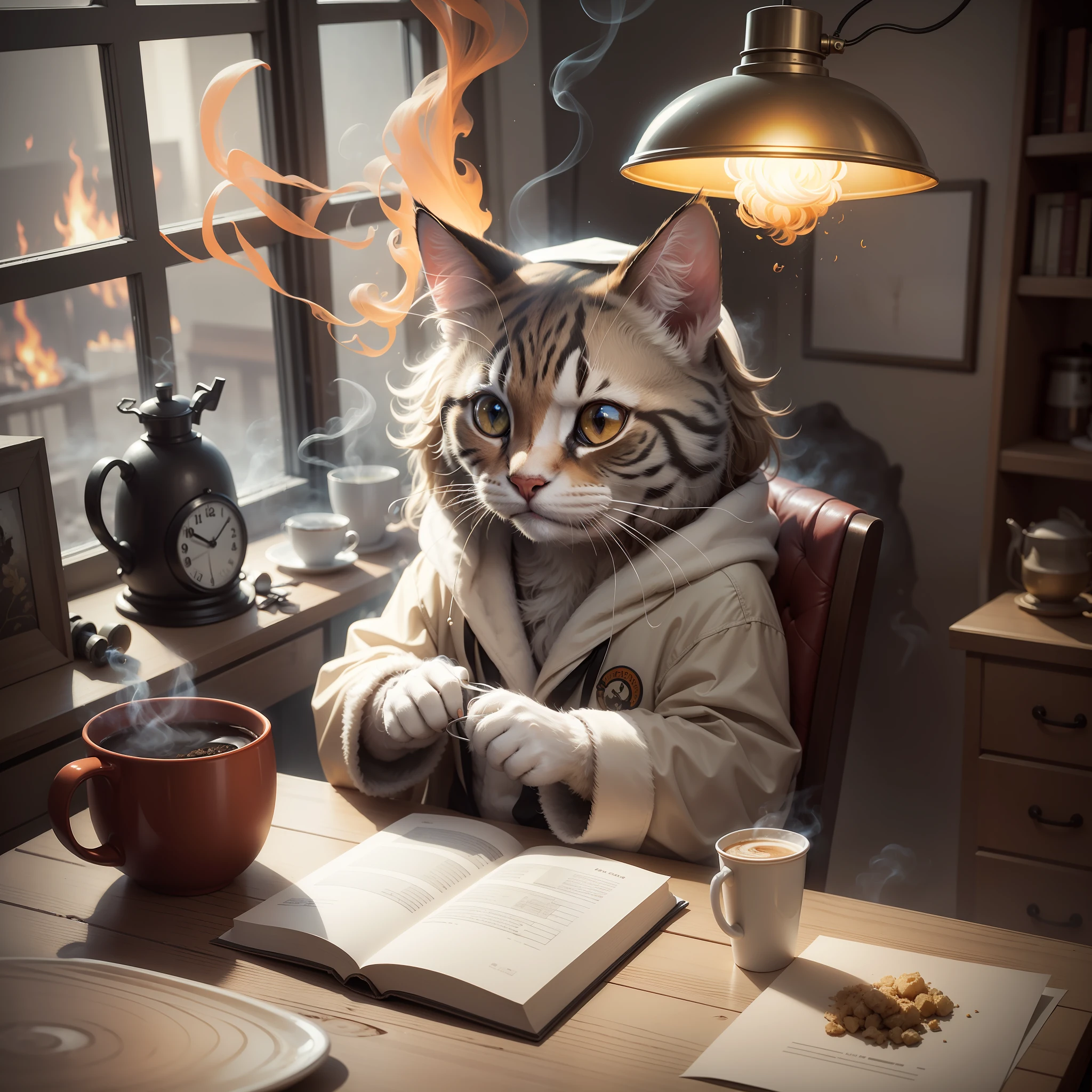 (Best quality: 1.23), (Masterpiece: 1.12), (Reality: 1.24), (Anthropomorphic cat: 1.5) holding a coffee cup, sitting in a robe, eating breakfast, holding a coffee cup, hat, granules, volumetric lighting, room burning, floor and chair on fire, a lot of gadgets and equipment on fire, smoke, warm scene,