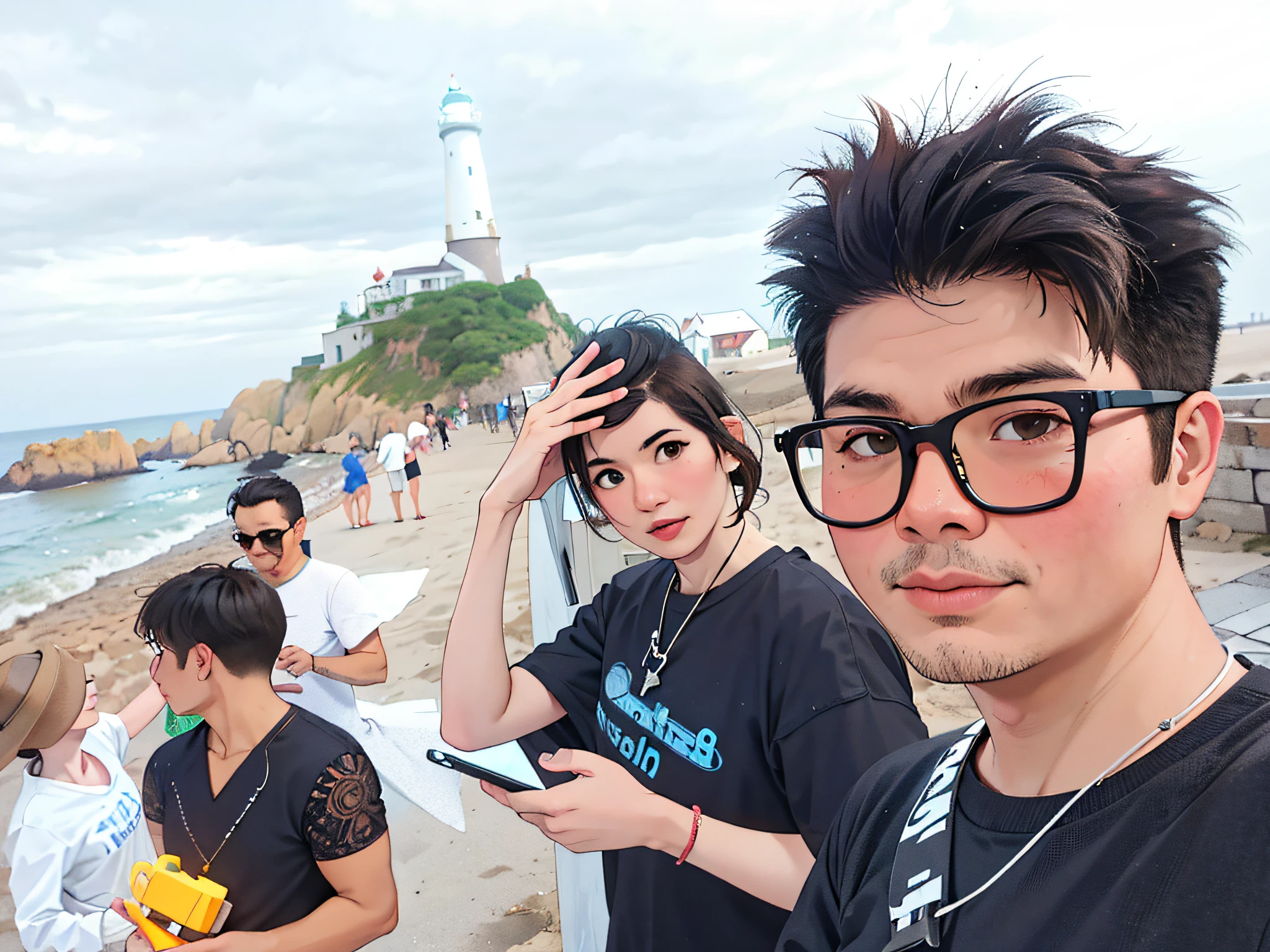 Someone standing on the beach with a lighthouse in the background, shot Go Pro Hero8, angle with big sea star, selfie direct shot, vacation photos, low quality photos, blurry photos, selfie photos, tourists in the background, selfies, taken with Sony Alpha 9, with many travelers, profile pictures, couple portraits,