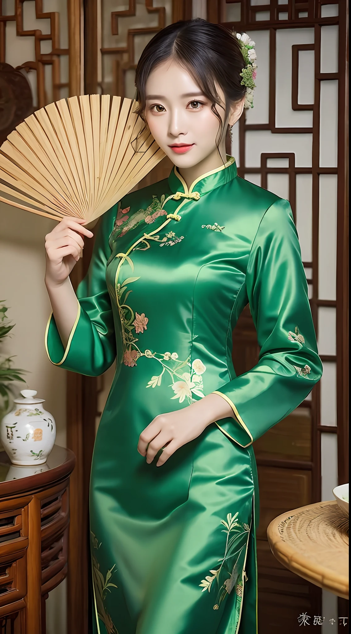 A woman in a green dress, holding a fan and bamboo, Chinese clothing, traditional Chinese clothing, cheongsam, ancient Chinese clothing, Chinese style, Chinese Traditional, Chinese clothing, Hanfu, wearing blue cheongsam dress, traditional clothing, traditional clothing, traditional clothing, traditional Thai clothing, soft green, with ancient Chinese aesthetics, tradition,