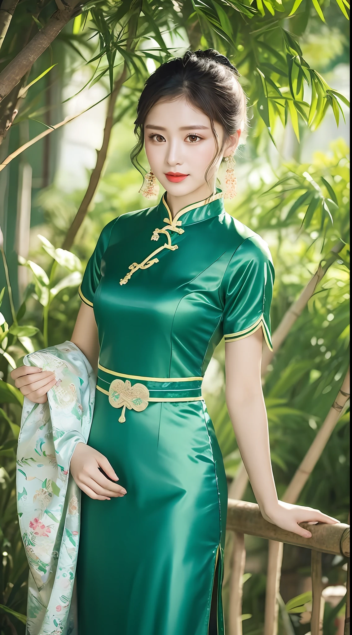 A woman in a green dress, holding a fan and bamboo, Chinese clothing, traditional Chinese clothing, cheongsam, ancient Chinese clothing, Chinese style, Chinese Traditional, Chinese clothing, Hanfu, wearing blue cheongsam dress, traditional clothing, traditional clothing, traditional clothing, traditional Thai clothing, soft green, with ancient Chinese aesthetics, tradition,