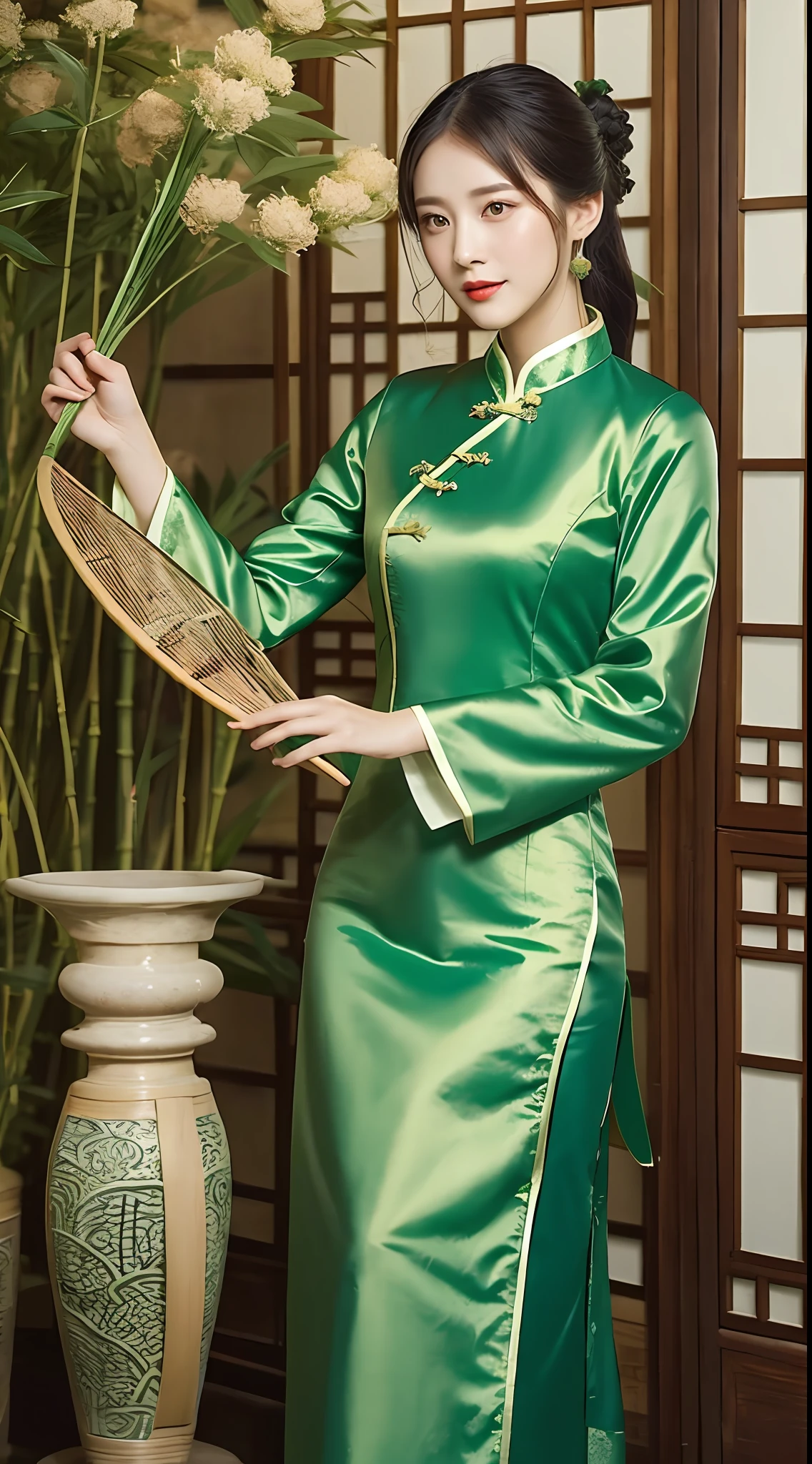 A woman in a green dress, holding a fan and bamboo, Chinese clothing, traditional Chinese clothing, cheongsam, ancient Chinese clothing, Chinese style, Chinese Traditional, Chinese clothing, Hanfu, wearing blue cheongsam dress, traditional clothing, traditional clothing, traditional clothing, traditional Thai clothing, soft green, with ancient Chinese aesthetics, tradition,