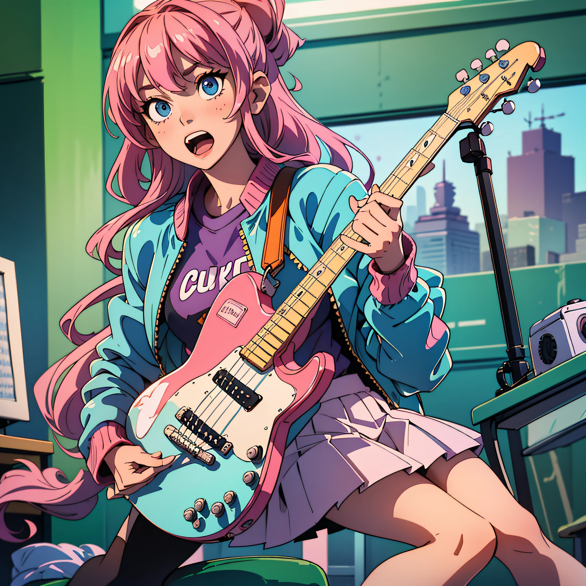 ((extremely detailed CG unity 8k wallpaper,masterpiece, best quality, ultra-detailed)),(mksks),finely detail, Depth of field (bloom),ray tracing,reflection light,floating, 1girl, acoustic_guitar, amplifier_\(instrument\), blue eyes, pink long hair, pink track jacket, bangs, hair between eyes, electric_guitar, guitar, holding_instrument, indoors, instrument, jacket, long_sleeves, miniskirt, music, open_mouth, picture_frame, pink_hair, playing_instrument, plectrum, sheet_music, shirt, sitting, skirt,, solo, speaker