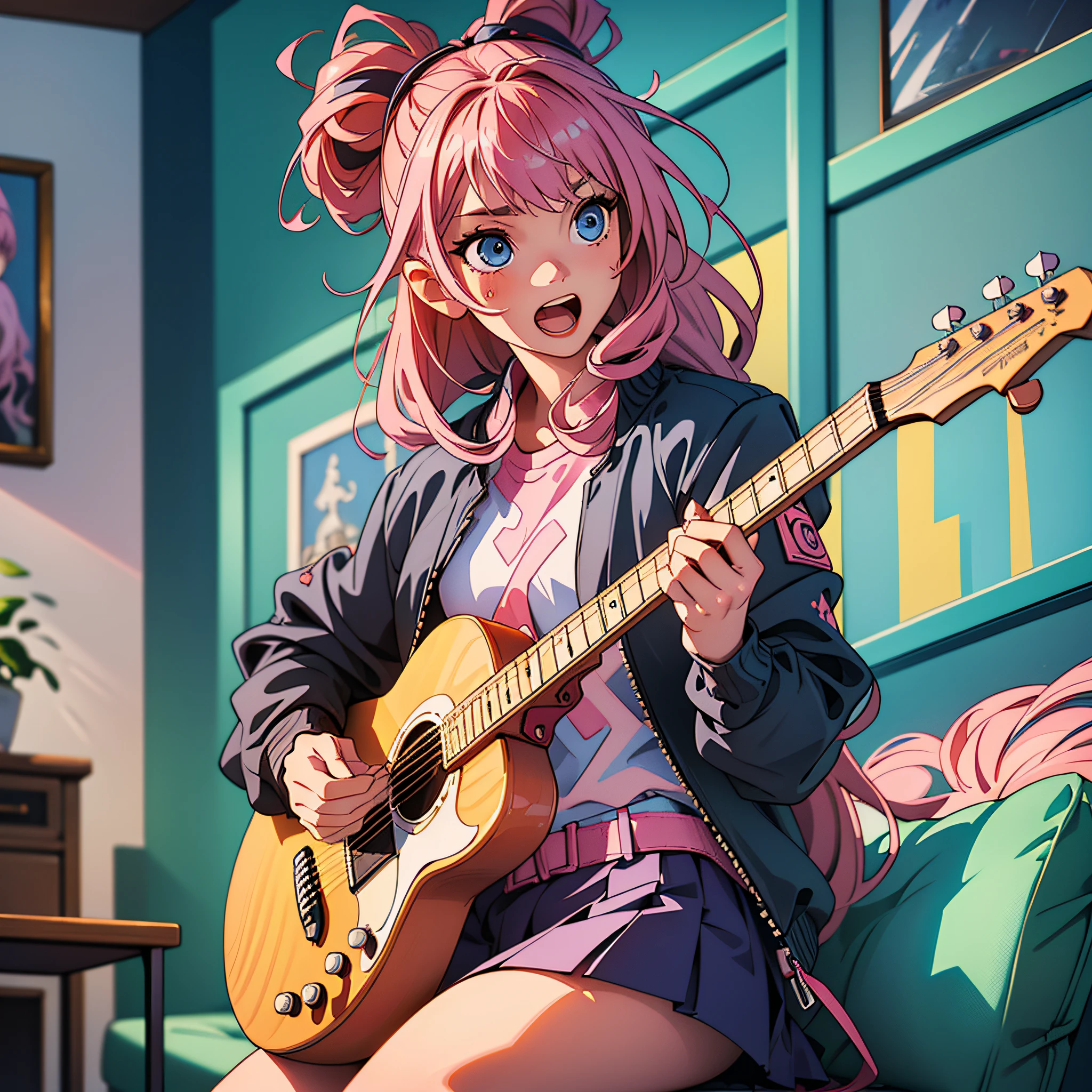 ((extremely detailed CG unity 8k wallpaper,masterpiece, best quality, ultra-detailed)),(mksks),finely detail, Depth of field (bloom),ray tracing,reflection light,floating, 1girl, acoustic_guitar, amplifier_\(instrument\), blue eyes, pink long hair, pink track jacket, bangs, hair between eyes, electric_guitar, guitar, holding_instrument, indoors, instrument, jacket, long_sleeves, miniskirt, music, open_mouth, picture_frame, pink_hair, playing_instrument, plectrum, sheet_music, shirt, sitting, skirt,, solo, speaker