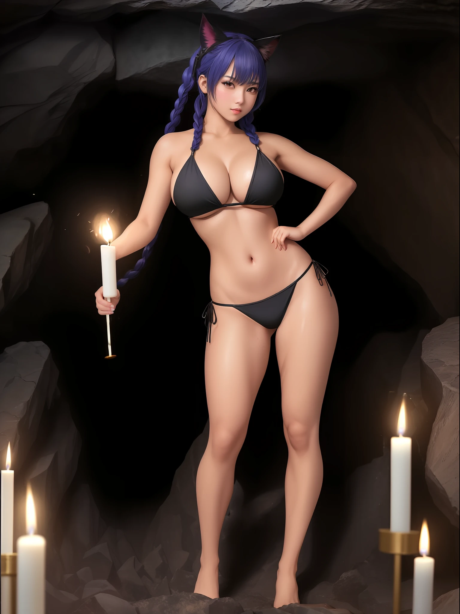 (full-body photo/looking at viewer:2), (Kawaii/Woman:1.5), (extremely gigantic breasts:1.5), (wearing a black thong bikini with gold parts:1.3), (inside a dark cave full of bats on the ceiling being lit by candles:1.5), (she has short blue hair with thick braids:1.3), (she has light green eyes+cat ears:1.3),  (sweaty body:1.3),, Mortal Kombat, Horror, Vampire, Masterpiece, high resolution, high quality, textured skin, grimace, Eye-Level Shot, Anime, Realism, Hyperrealism, film grain, 16k, 16k, UHD, masterpiece, anatomically correct, best quality, high details