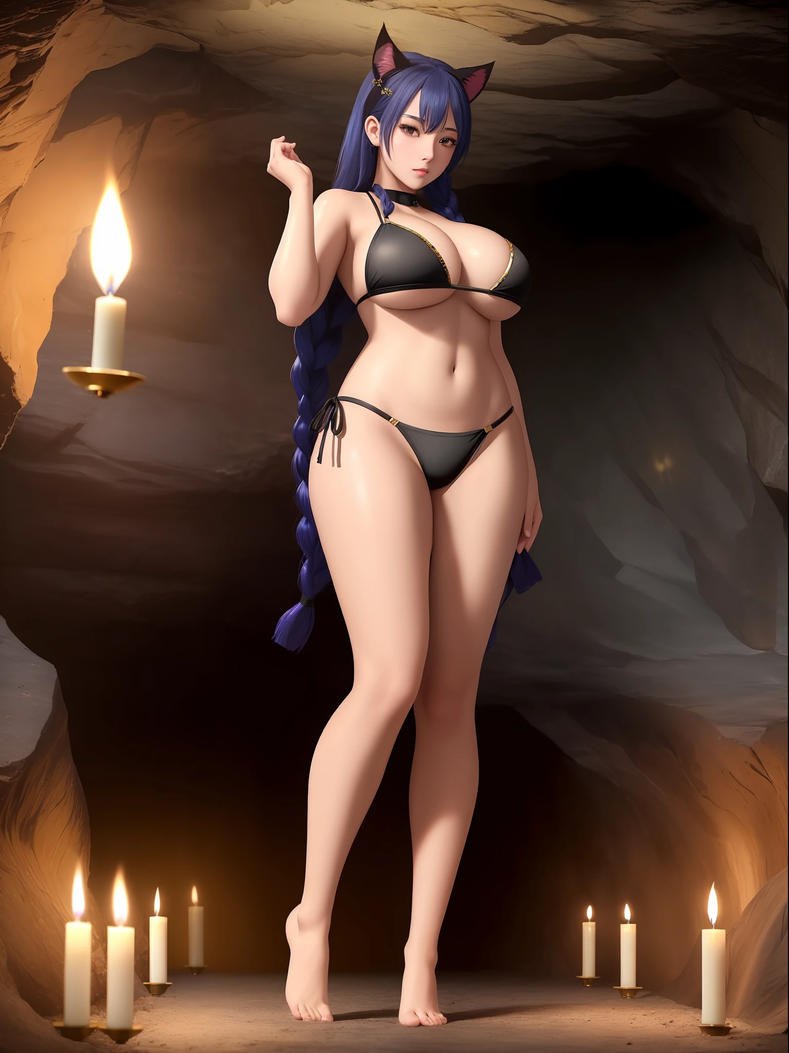 (full-body photo/looking at viewer:2), (Kawaii/Woman:1.5), (extremely gigantic breasts:1.5), (wearing a black thong bikini with gold parts:1.3), (inside a dark cave full of bats on the ceiling being lit by candles:1.5), (she has short blue hair with thick braids:1.3), (she has light green eyes+cat ears:1.3), (sweaty body:1.3),, Mortal Kombat, Horror, Vampire, Masterpiece, high resolution, high quality, textured skin, grimace, Eye-Level Shot, Anime, Realism, Hyperrealism, film grain, 16k, 16k, UHD, masterpiece, anatomically correct, best quality, high details