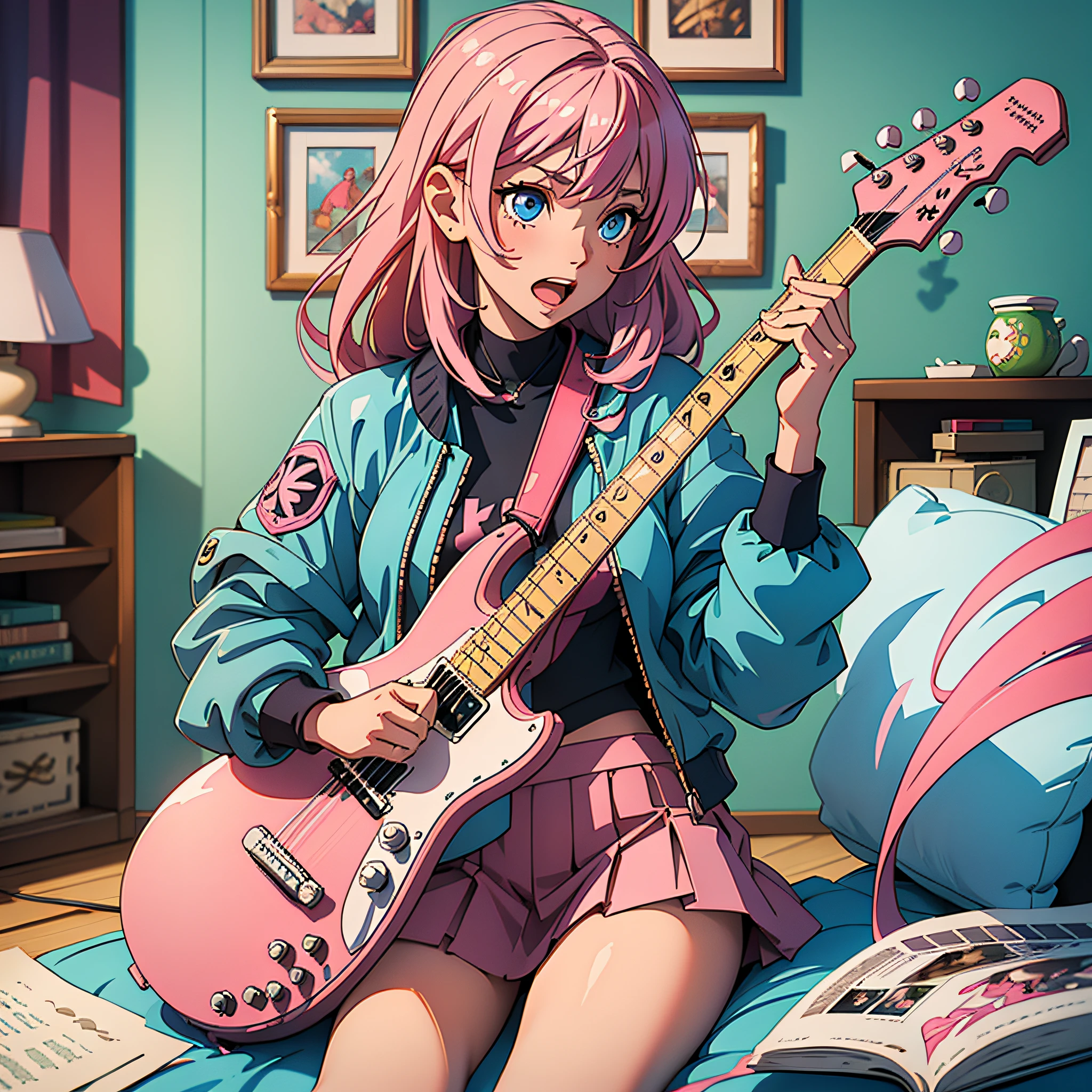 ((extremely detailed CG unity 8k wallpaper,masterpiece, best quality, ultra-detailed)),(mksks),finely detail, Depth of field (bloom),ray tracing,reflection light,floating, 1girl, acoustic_guitar, amplifier_\(instrument\), blue eyes, pink long hair, pink track jacket, bangs, hair between eyes, electric_guitar, guitar, holding_instrument, indoors, instrument, jacket, long_sleeves, miniskirt, music, open_mouth, picture_frame, pink_hair, playing_instrument, plectrum, sheet_music, shirt, sitting, skirt,, solo, speaker