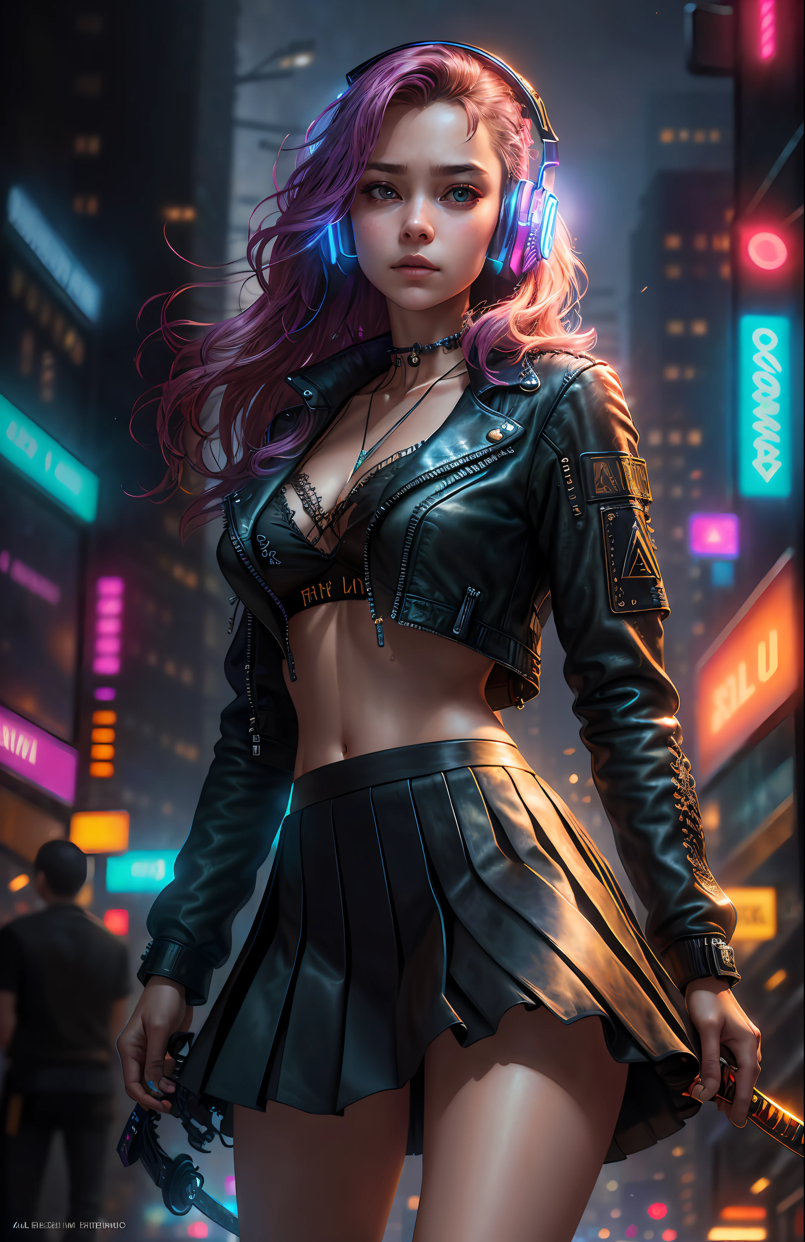 best quality, realistic, photorealistic, award-winning illustration, (intricate details:1.2), (delicate detailed), (intricate details), (cinematic light, best quality Backlights), clear line, sharp focus, official art, unity 8k wallpaper, absurdres, incredibly absurdres, huge filesize, ultra- (in_main_street:1.21), (neon lamp),fantasy art, rtx,((award winning studio closeup photo of a triangle)), 1girl,Incredibly beautiful,(closed mouth),small breasts,((Cyberpunk city Street, Battle Maiden,Katana, robot arm)),beautiful detailed eyes,Perfect Face,(Cyberpunk blouse, leather jacket, Martin boots),(headphones_around_neck),(headphones_around_hair),((pleated skirt)), ((Supermodel Pose)),