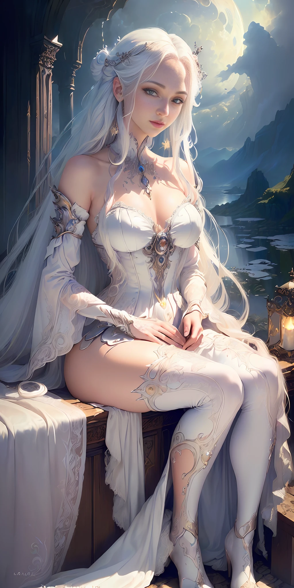(((Excellent)), ((Masterpiece)), (detailed), Long white hair, ethereal beauty, Stunning dress, (Fantasy illustration: 1.3), seductive eyes, charming posture, exquisite facial features, otherworldly charm, mysterious sky, (Luis Royo:1.2), (Yoshitaka Amano:1.1), moonlit night, pastel colors, (detail cloud: 1.3), (high resolution: 1.2)