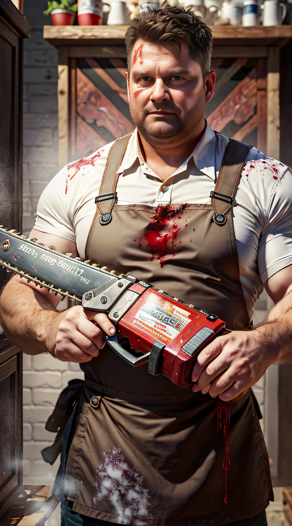 Complete masterpiece of art, high quality, 4k, 8k, high resolution, ultra-realistic photos, hyper-detailed, chainsaw in hand, wearing an apron, amazing shadows, extremely detailed textures, perfect lighting, high level of image quality, male fat butcher, medium fat butcher, Benny Hill, , bloody body, some hanging meat hanging from a pole in the dark, --auto --s2
