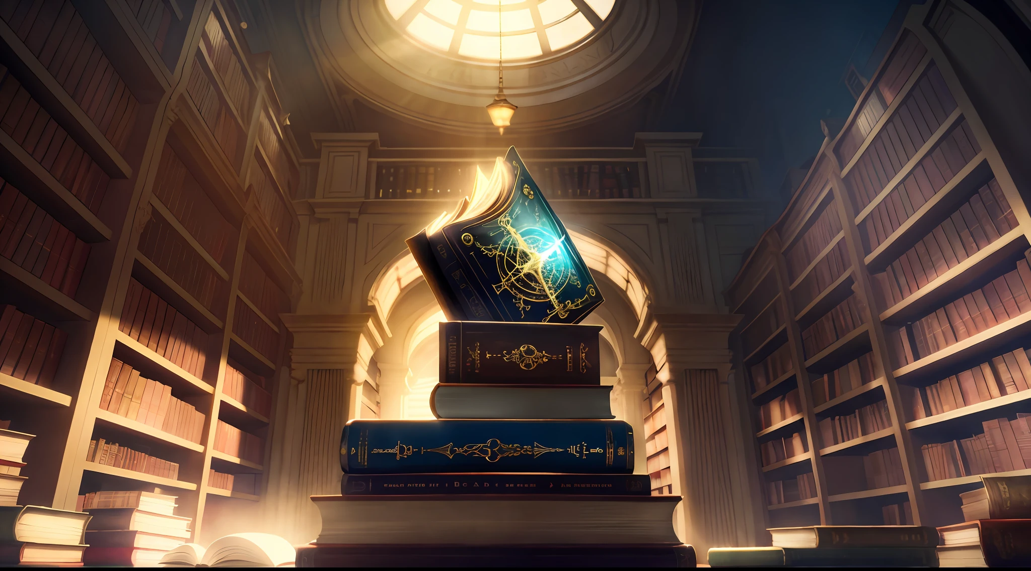 Library, magic book, magic light