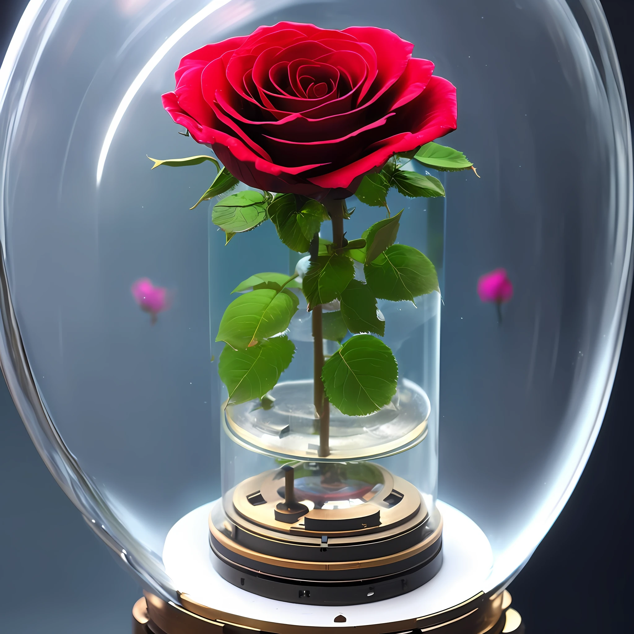 there is a rose floating in a glass dome on a music box base, electronic music box base, melanchonic pink soft, elegant and graceful light, red rose, transparent glass vase, elegant lady, glass domes, natural point rose', beautifully lit, elegant light, graceful and elegant, rosalia, glass dome, beautiful illuminated, in a glass vase,  Little Rose, Mechanical Rose, Science Fiction, Invention, Scifi, Retrofuturism, 1970