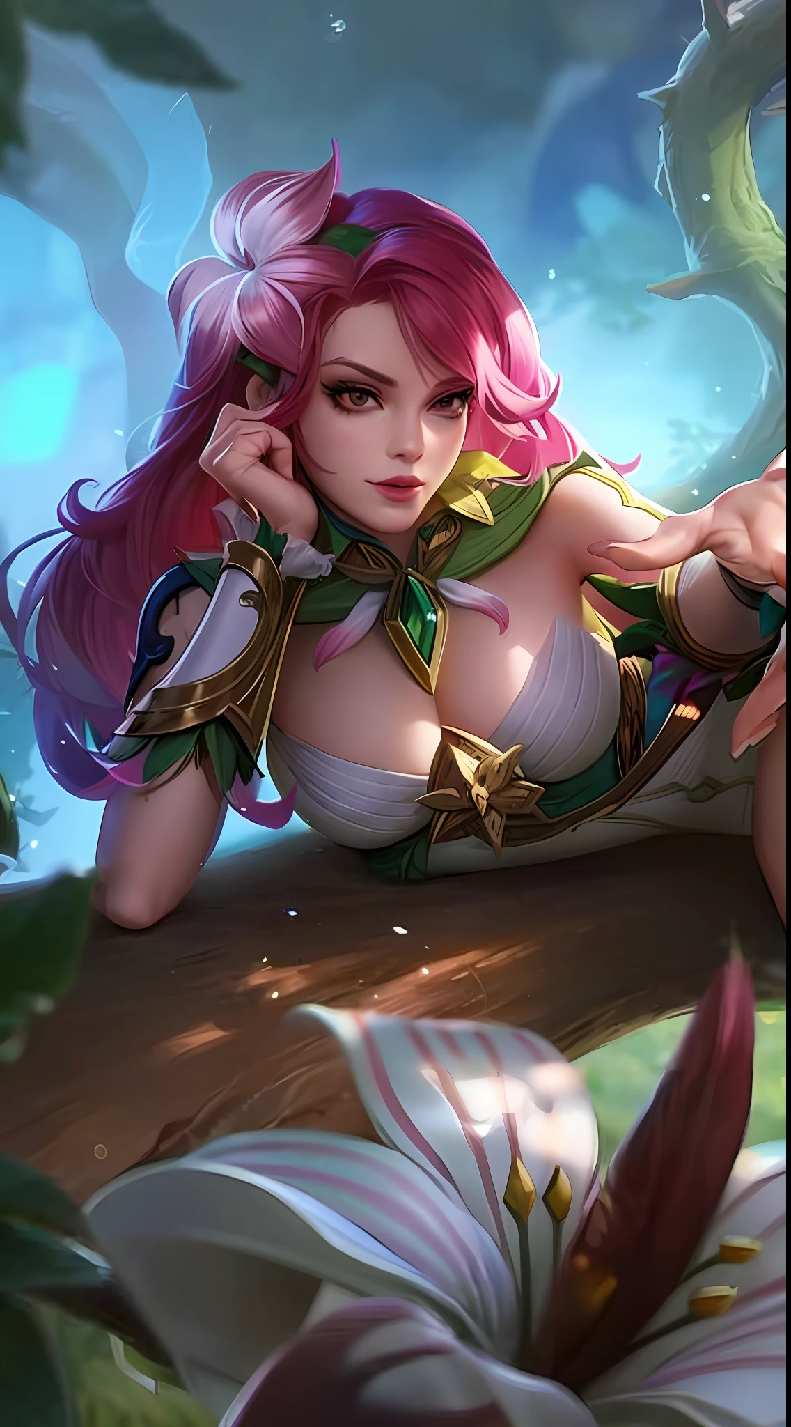 a close up of a woman with a pink hair sitting on a tree branch, style artgerm, artgerm lau, extremely detailed artgerm, ig model | artgerm, ! dream artgerm, trending artgerm, splash art, artgerm style, league of legends character, artgerm detailed, style of artgerm