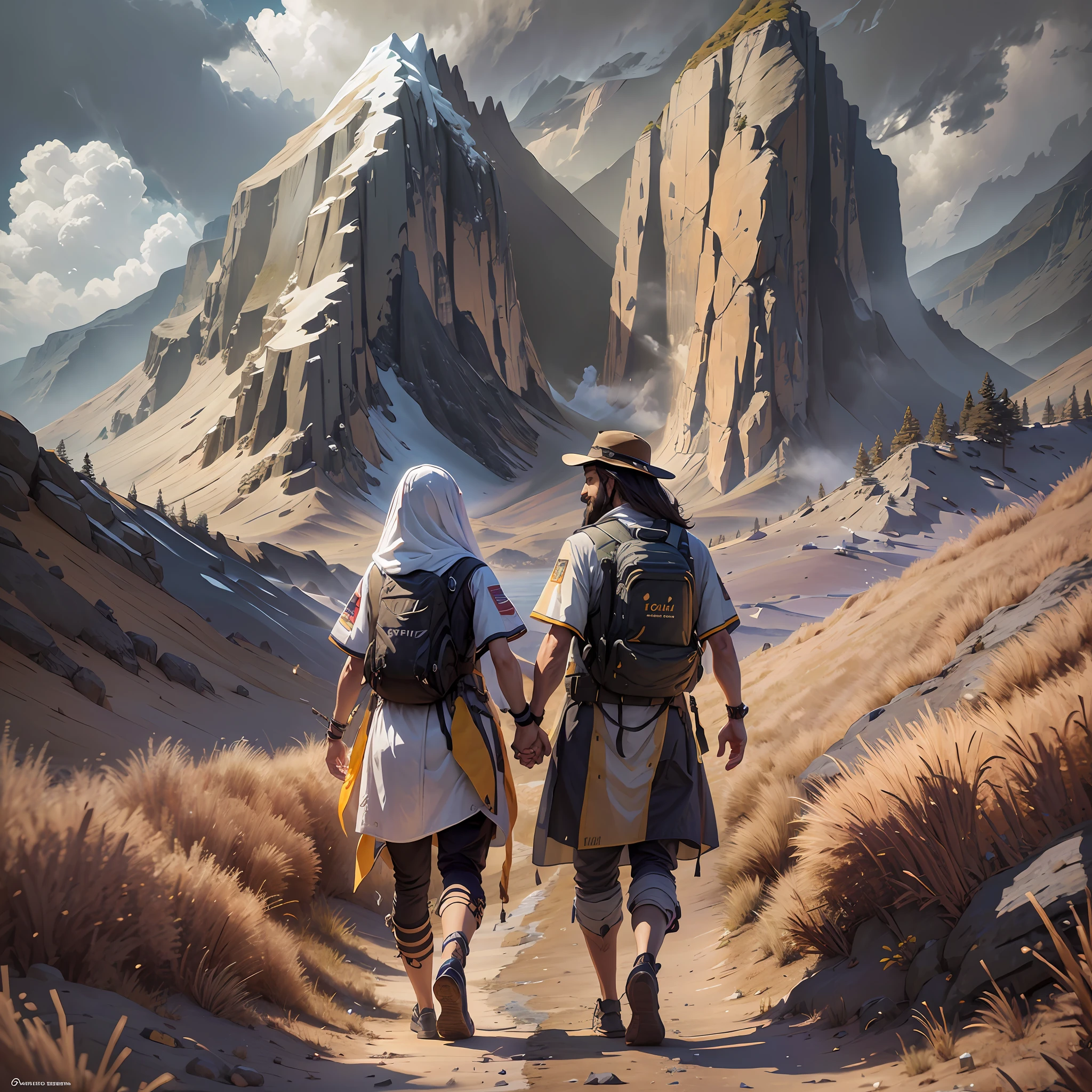 "The image depicts Jesus walking hand in hand with an Adventist pathfinder, who is wearing a T-shirt with the word "Sinai" "Sinai" The two walk through a mountainous setting, with an imposing landscape in the background. Sunlight penetrates through the clouds creating an effect of shadows on the mountain. Jesus smiles tenderly, while the pathfinder looks at Him with admiration and respect. The image reflects the union between faith in Jesus and commitment to nature and adventure, so present in the culture of the Adventist Pathfinder. It is an inspiring representation of a relationship of love and trust with God, who guides and protects his children in all walks of life." --auto --s2