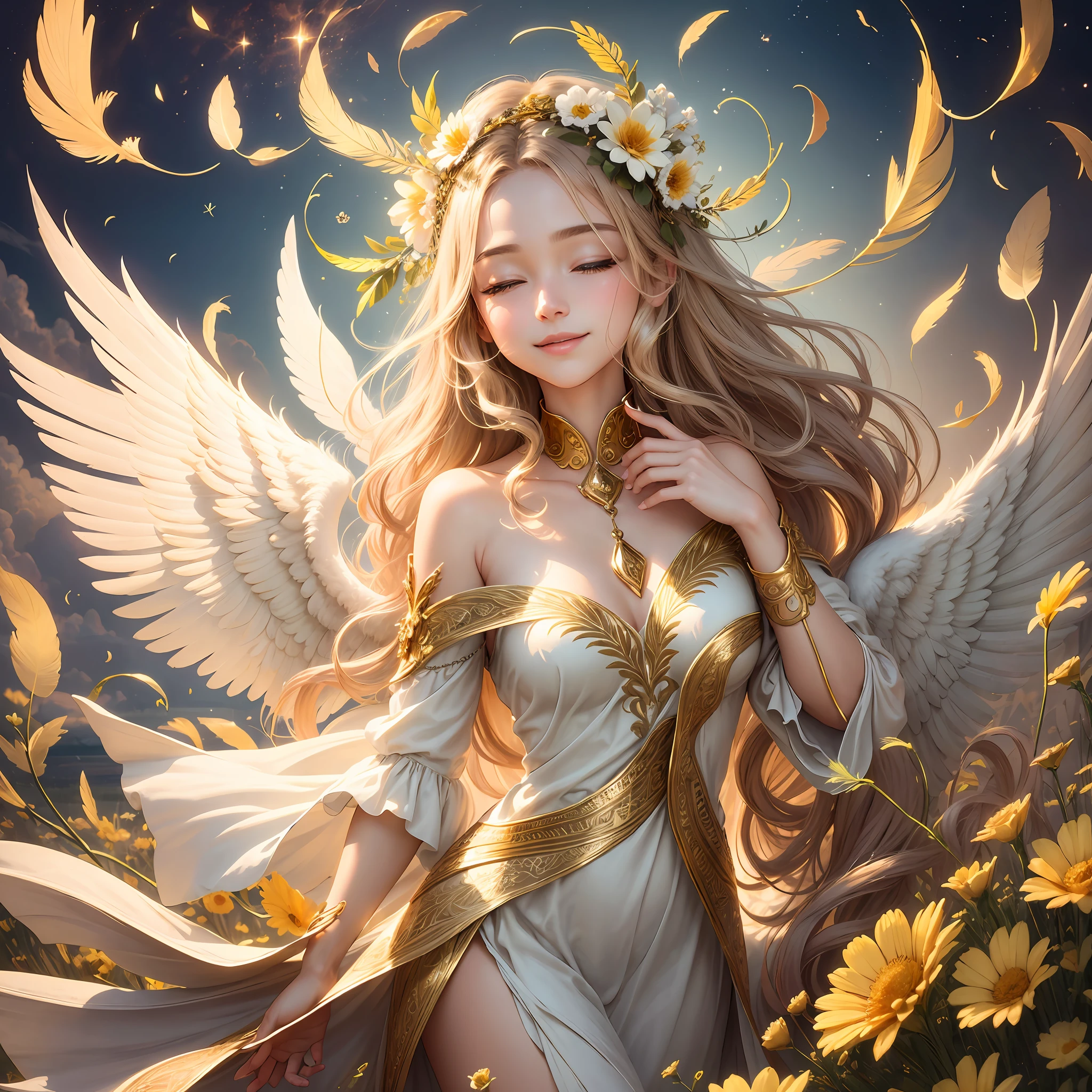 with angels, mysterious, realistic, high image quality, golden brilliance, happiness, flowers, many feathers, light, brilliance, gentle smile, heaven, happiness happiness, wrapped in love, Lassen --auto --s2