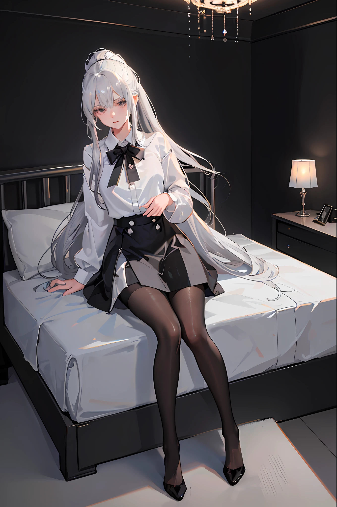 (((1 girl)),ray tracing,(dim lighting),[detailed background (bedroom)),((silver hair)),((silver hair)),(Fluffy silver hair, plump slender girl)) with high ponytail)))) Avoid golden eyes in the ominous bedroom (((Girl wears a white shirt, black wrinkled skirt with black sheer pantyhose), showing a delicate slim figure and graceful curves, correct limbs, sitting on the bed