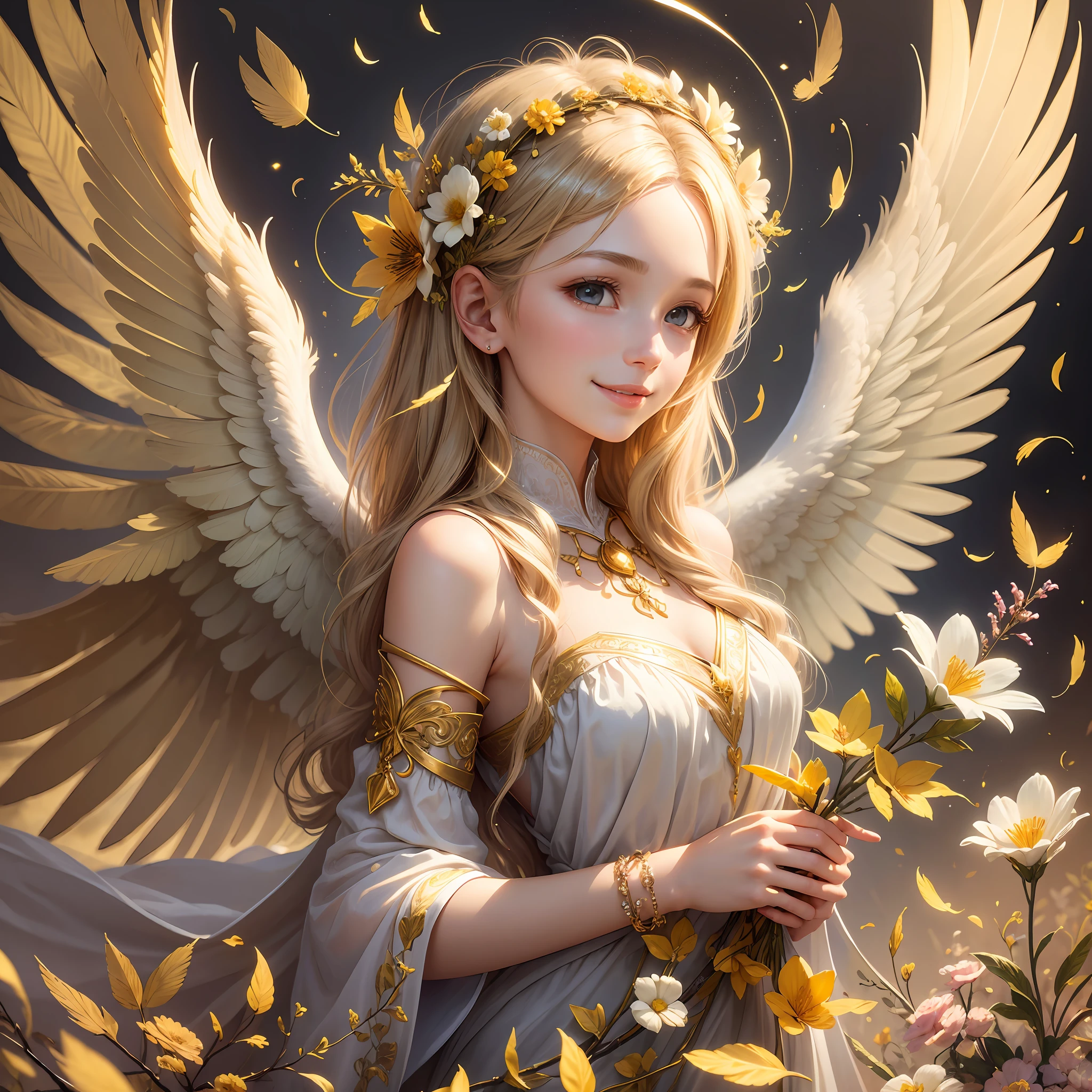 with angels, mysterious, realistic, high image quality, golden brilliance, happiness, flowers, many feathers, light, brilliance, gentle smile, heaven, happiness happiness, wrapped in love, Lassen --auto --s2