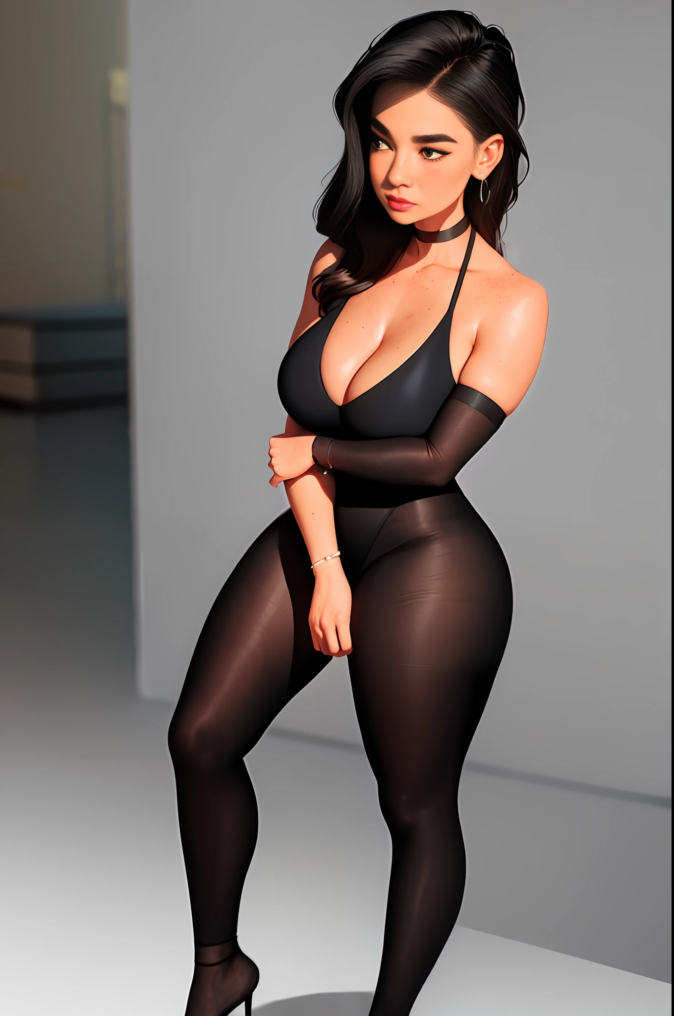 full body, sam yang,
1girl, backlighting, bare shoulders, white choker, blurry, blurry background, blush, breasts, choker, cleavage, closed mouth, collarbone, earrings, forehead, freckles, hair over shoulder, jewelry, long hair, looking down, pointy nose, red lips, shadow, solo, thick eyebrows, thick eyelashes, full body, ((masterpiece))