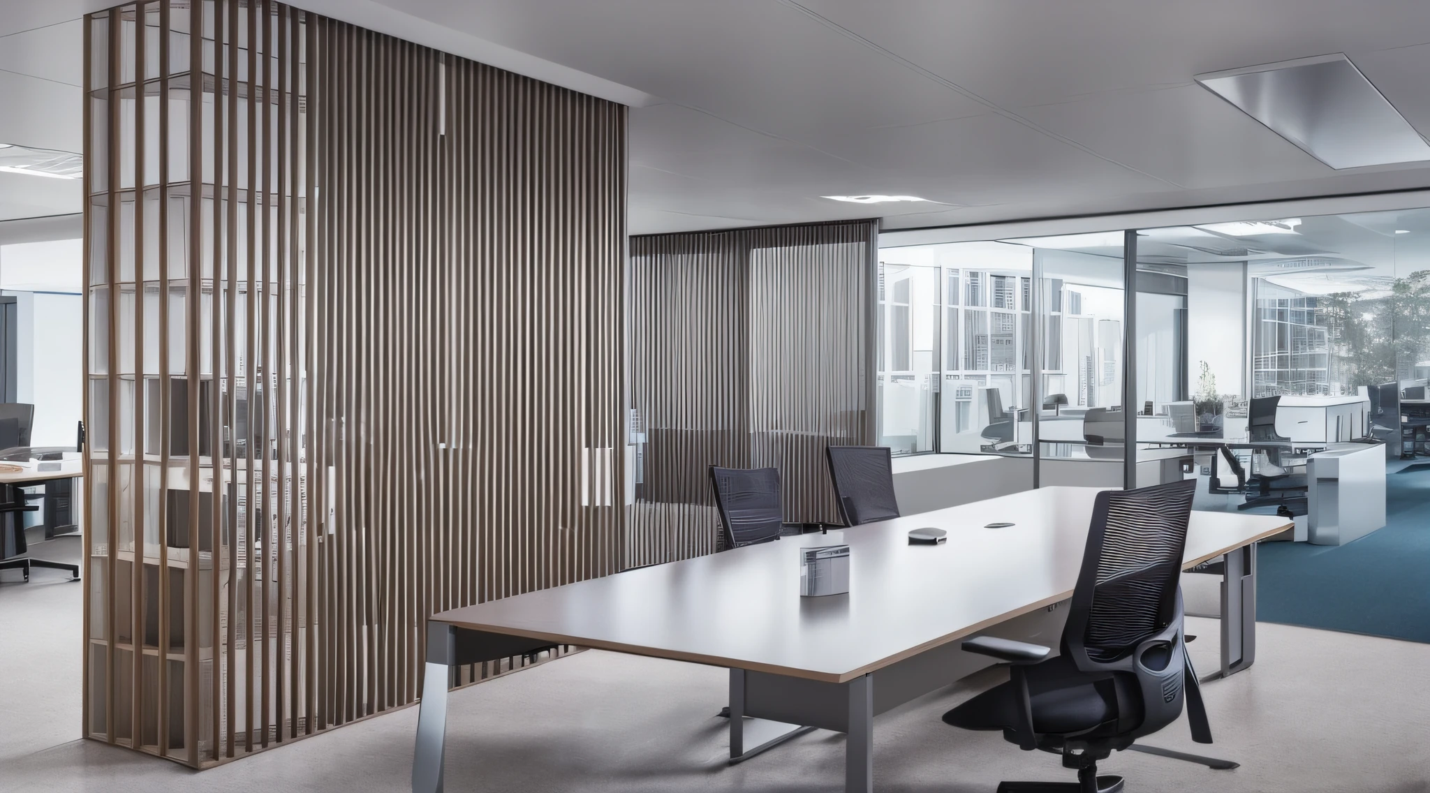 There is a large room with a table and chairs, office, modern office, office interior, office interior, office interior by Matthias Wescher, Sebastian Spreen, working space in open space, by Jürgen von Henderberg, Thomas Hefner, office ceiling, Dietmar Damerao, office furniture, subtle details, 8K, super high quality