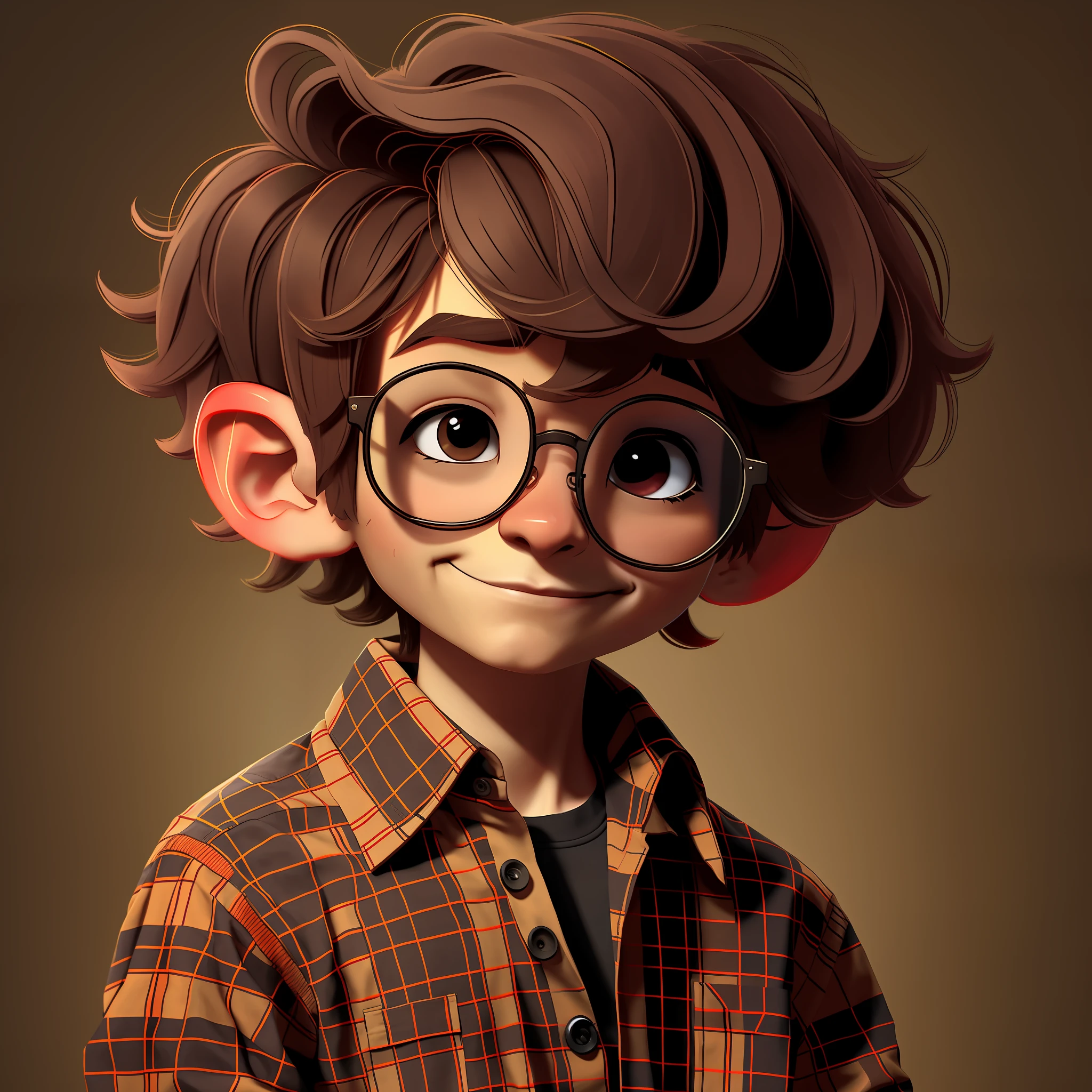 solo, brunette hair, 1 boy, black eyes, male focus, plaid shirt, plaid shirt, shirt, simple background, smile, boy, round glasses, short hair, shut up
