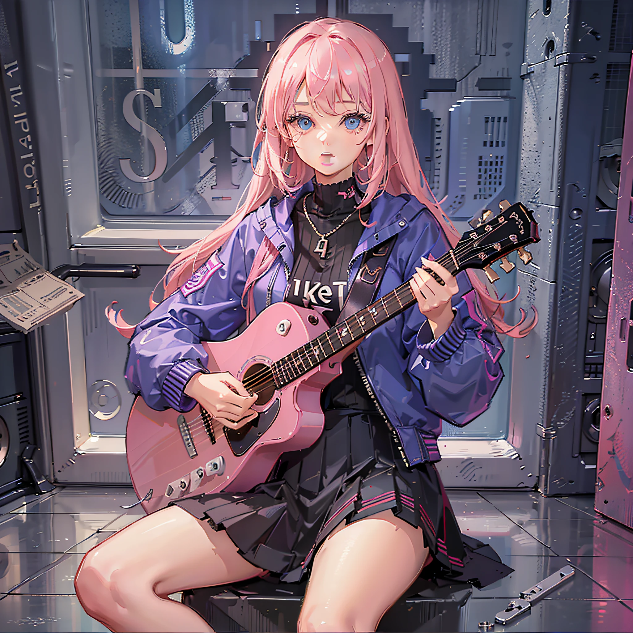 ((extremely detailed CG unity 8k wallpaper,masterpiece, best quality, ultra-detailed)),(mksks),finely detail, Depth of field (bloom),ray tracing,reflection light,floating, 1girl, acoustic_guitar, amplifier_\(instrument\), blue eyes, pink long hair, pink track jacket, bangs, hair between eyes, electric_guitar, guitar, holding_instrument, indoors, instrument, jacket, long_sleeves, miniskirt, music, open_mouth, picture_frame, pink_hair, playing_instrument, plectrum, sheet_music, shirt, sitting, skirt,, solo, speaker
