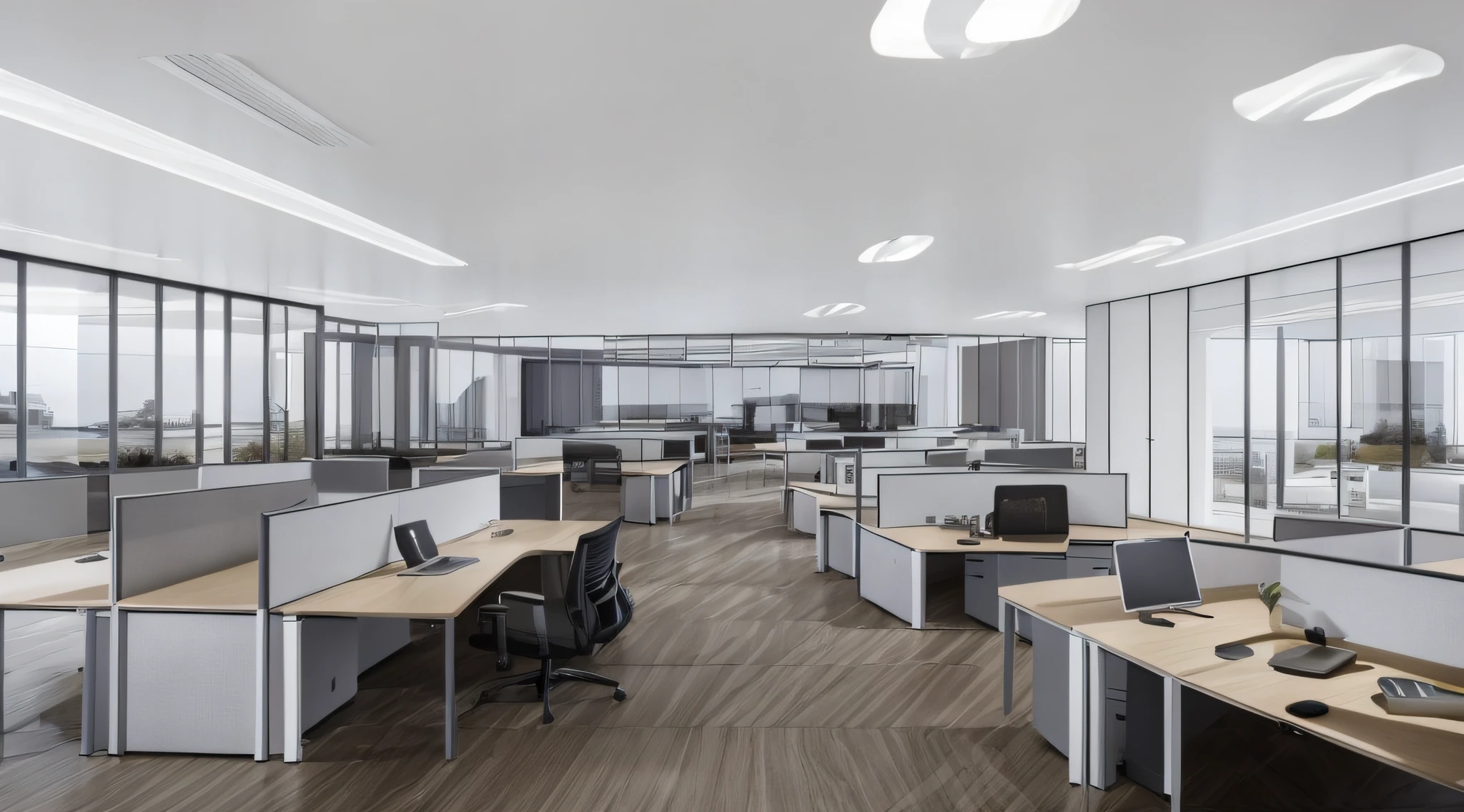 there is a large room with a desk and chairs in it, offices, modern office, office interior, office room interior, by Matthias Weischer, by Sebastian Spreng, in a open-space working space, by Juergen von Huendeberg, by Thomas Häfner, office ceiling panels, by Dietmar Damerau, office furniture