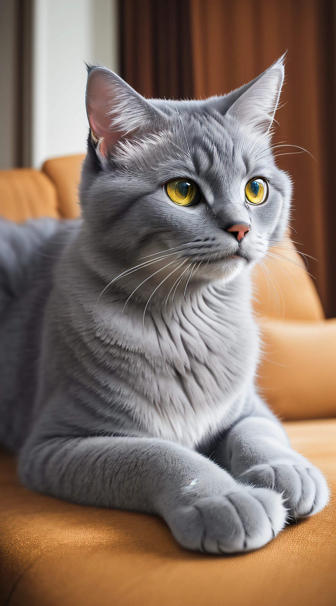 modelshoot style, 8k, a cute gray (Russian blue) cat sitting in the living room of the house lazy lying on its tummy, detailed fur, trends on ArtStation, trends on CGSociety, intricacies, high detail, clear focus, dramatic lighting, digital painting, digital art, by artgerm, by Liang Xing, by WLOP embellish2 Phtography, HDR RAW photo, 8K, highres, absurdres, Kodak Portra 400, film grain Bokeh, lens flare, vibrant color blurry background (best quality) masterpiece photorealistic photography, (low-key photo: 1.2), detail, 8k vivid colors