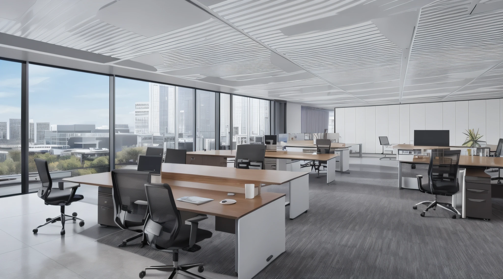 there is a large room with a desk and chairs in it, offices, modern office, office interior, office room interior, by Matthias Weischer, by Sebastian Spreng, in a open-space working space, by Juergen von Huendeberg, by Thomas Häfner, office ceiling panels, by Dietmar Damerau, office furniture