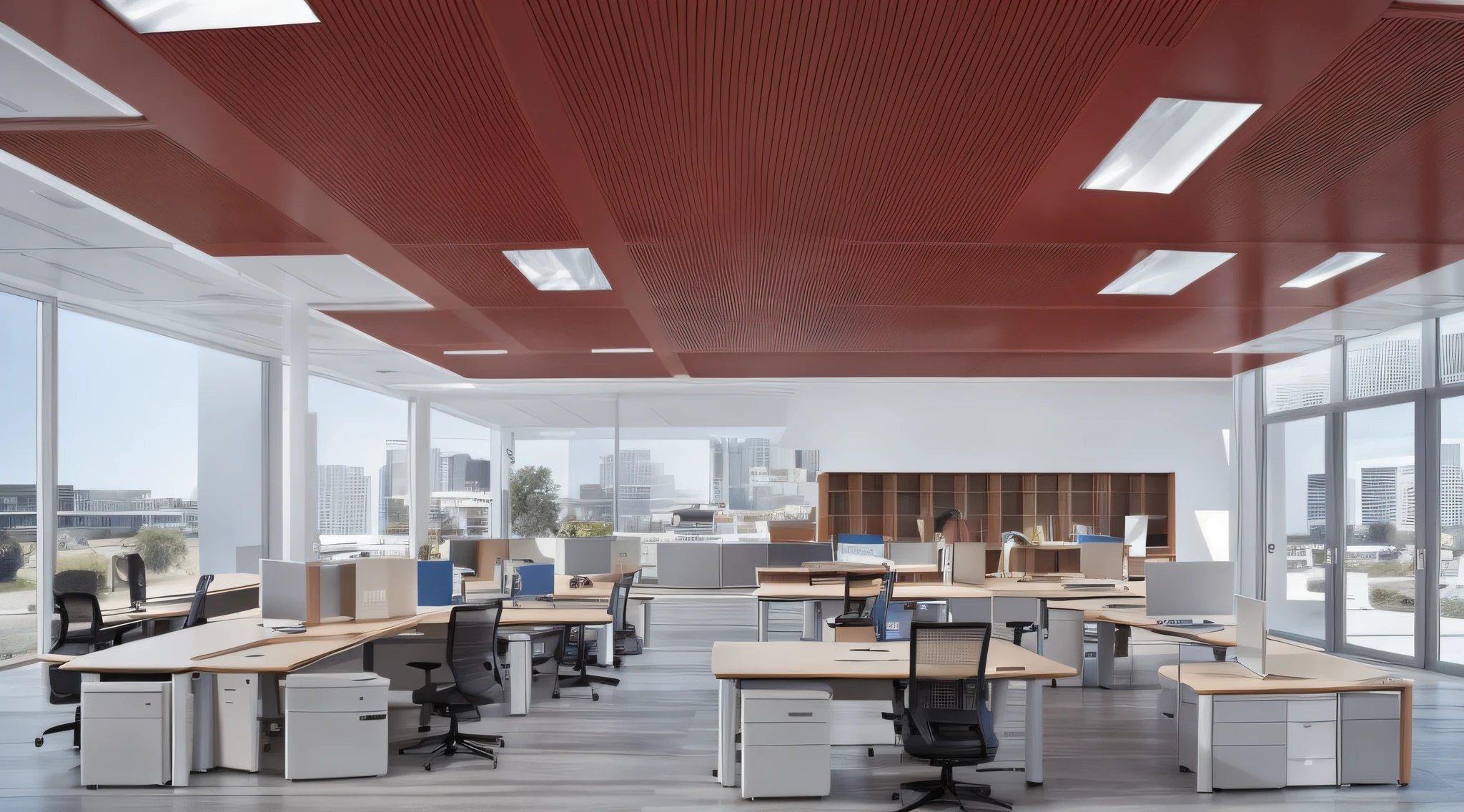 there is a large room with a desk and chairs in it, offices, modern office, office interior, office room interior, by Matthias Weischer, by Sebastian Spreng, in a open-space working space, by Juergen von Huendeberg, by Thomas Häfner, office ceiling panels, by Dietmar Damerau, office furniture