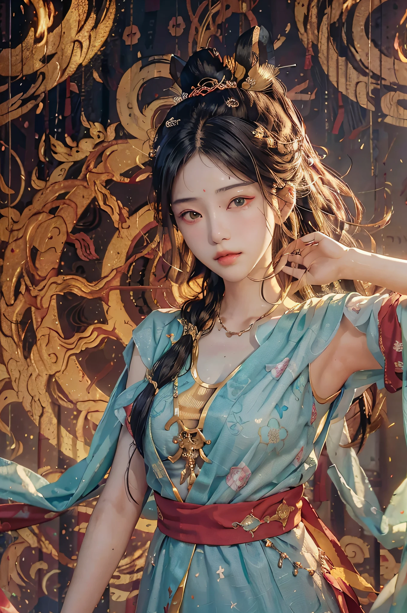 (RAW photo, best quality), (realistic, photo-realistic:1.3), best quality, highly detailed, masterpiece, ultra-detailed, illustration, 1girl, upper_body, beauty, world mastery theater, messy_long_hair,best quality, extremely detailed CG unity 8k壁纸,墨水,惊人,电影灯光,lens_flare,dunhuang_style
